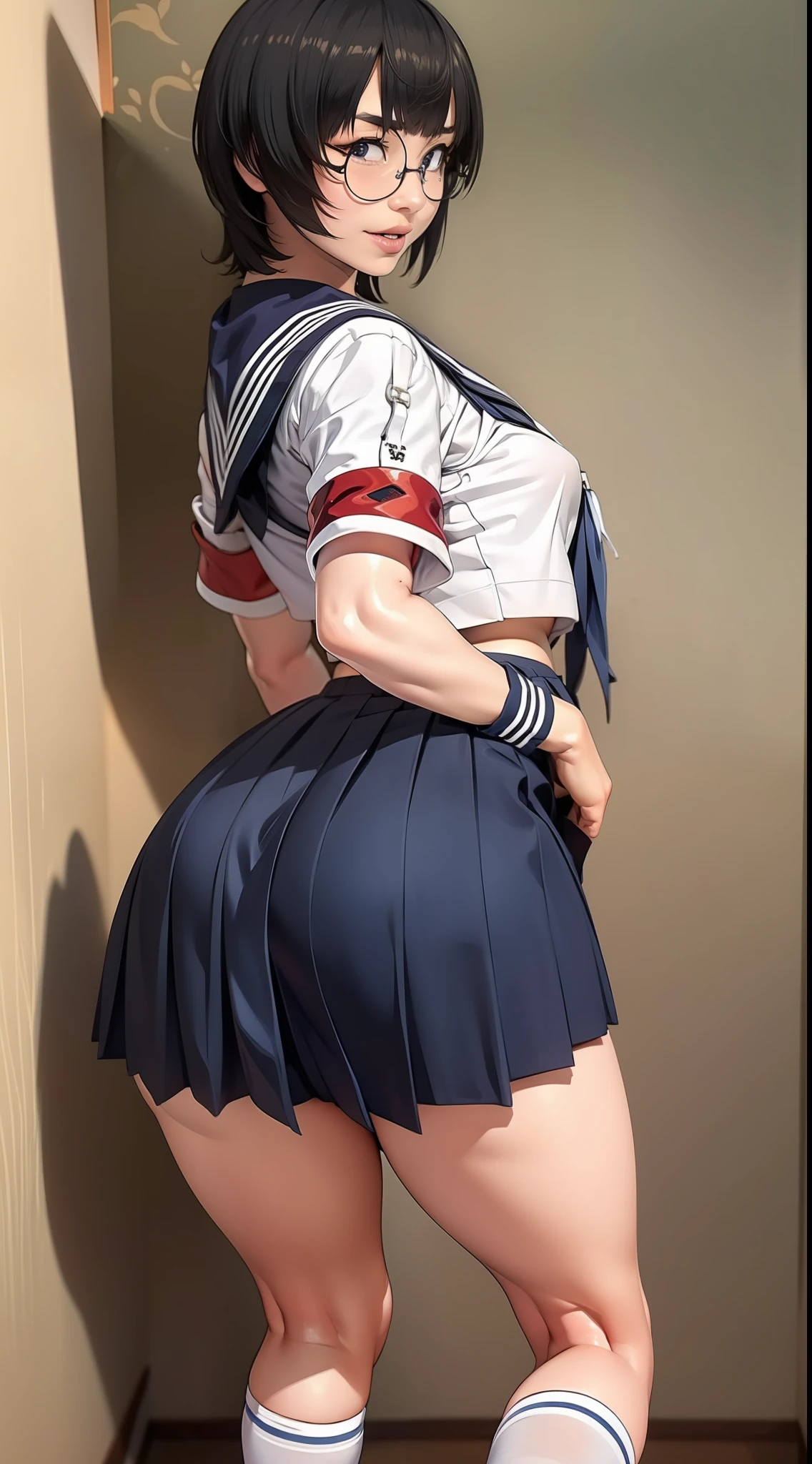 Suzuka, atarashii gakko, black hair, short straight hair, glasses, seifuku sailor school uniform, small breasts, white top, blue skirt, long skirt, socks, and shoes, Wallpaper, Standing straight, luscious lips, sexy gaze, thong pantyline view, view from behind, erotic posing, sexy pose, tight long ass view from skirt