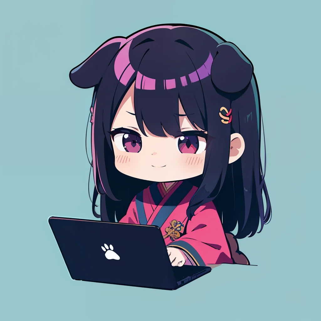 超A high resolution, nffsw, Best aesthetic, Best Quality, masutepiece, Flat Avatar, Perfect litthing、(colourfull、vivd colour: 1.4)、a Dog、I am using a computer, Has iridescent hair,　is shy, A smile, hair adornments, Chibi, simple background, 耳环, jewely, side locks, large oval eyes,Flat Avatar,  simple background, A dark-haired,