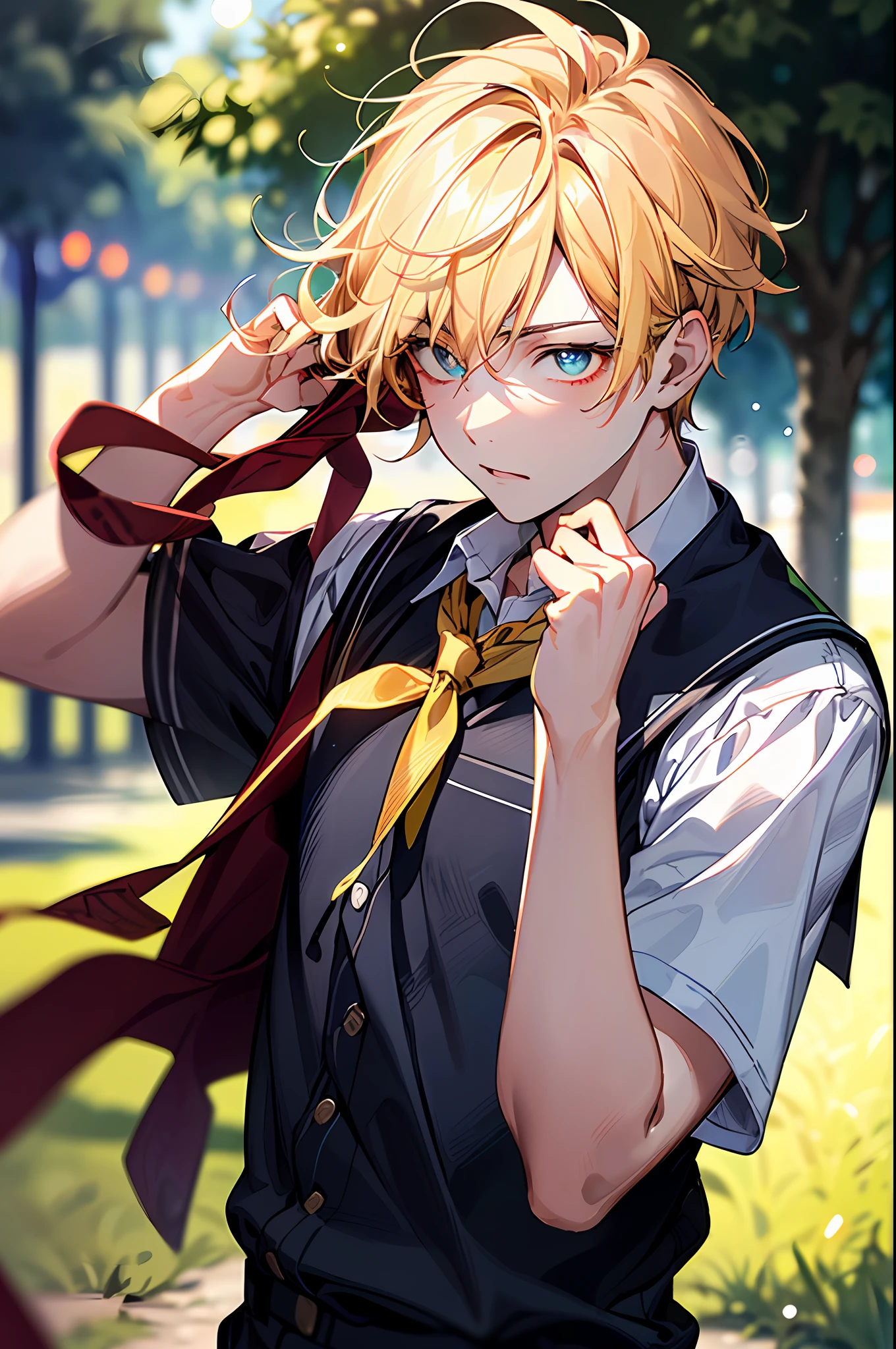(best qualtiy,8K,tmasterpiece),Best light,Best shadow,电影灯光,(realskin)Ray traching,Reflective skin,Digital illustration,Game CG characters,(Body edge lighting,Colored light sources are around),There is wind blowing hair,Looking into the distance,(1boys,岁,juupils,short detailed hair,Yellow hair,),(Eye 1:2,Clear eyes,Elaborate Eyes,Delicate pupils,good eyes,eye detailed),Face focus,best qualtiy,detail in face,(on the campus,Stand behind a tree,Head down and play with your phone,Capture),(in school uniform,Student clothes),(Student clothes),depth of fields,Background bokeh