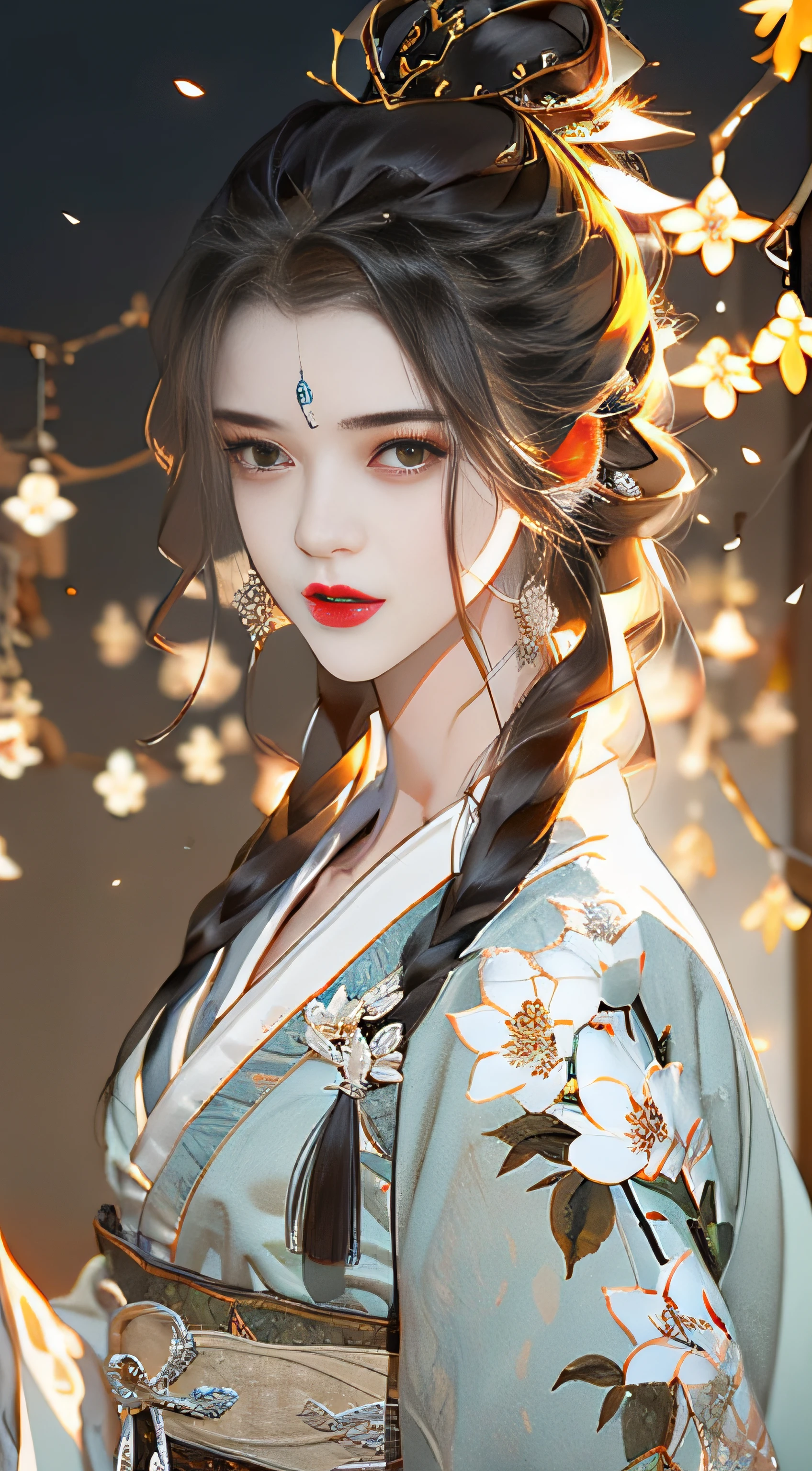 Beautiful details for girl，Very detailed eyes and face，Beautiful eye details，Super detailed，A high resolution，Very detailed，The best quality，illustration，Exquisite details，Best quality，Very detailed CG，8K wallpapers，A woman，woods，Long black hair，horsetail，Hanfu girl，blossoms，Complex textures，Streamers，navel，Shoulder，the complex background，Half body，Solo