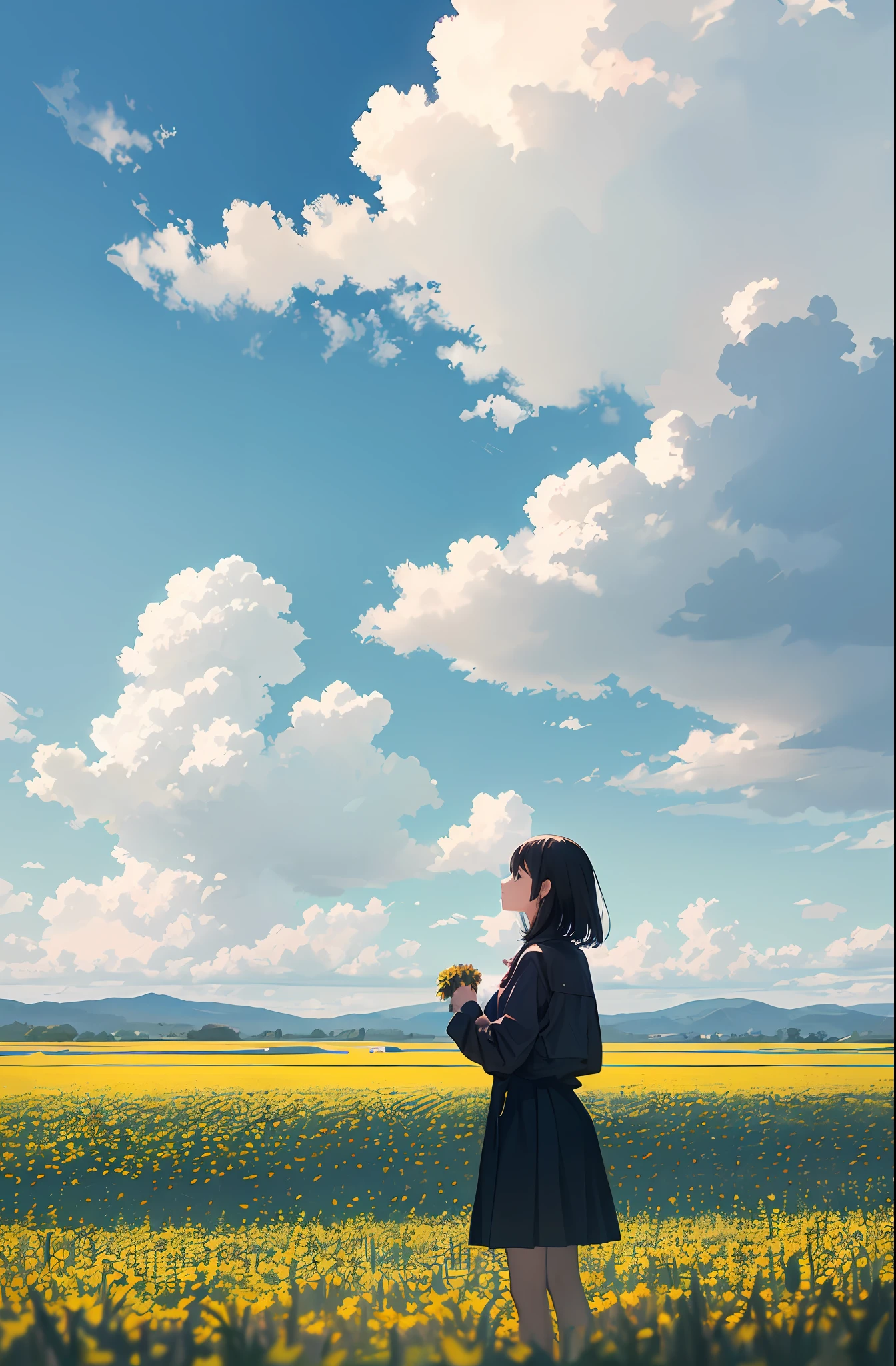 (expansive landscape photograph) , (a view from below that shows sky above and open field below), ((a girl standing on flower field looking up)). bright sunny day (clouds:1.2), distant mountain, BREAK
