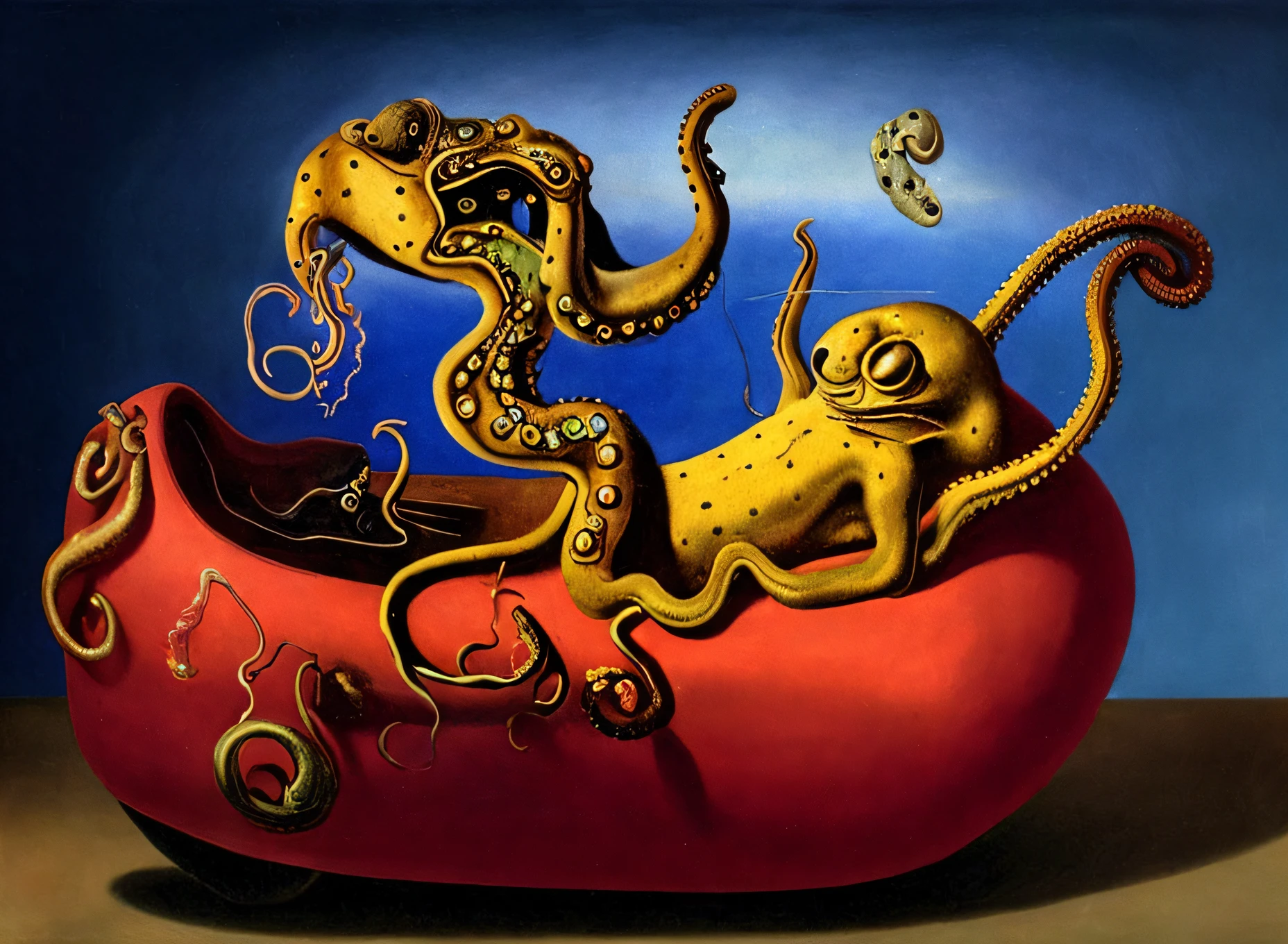 Drawing of a dog and an octopus on a red surface, by Dali, style of surrealism, Anthropomorphic octopus, surrealism, surrealist art, surrealism!, surrealist artwork, Tentacles of the universe, surrealism painting, Surrealist art style, salvador dali painting, surrealism painting, Dalí's style, In Dalí, magically shaped surrealism