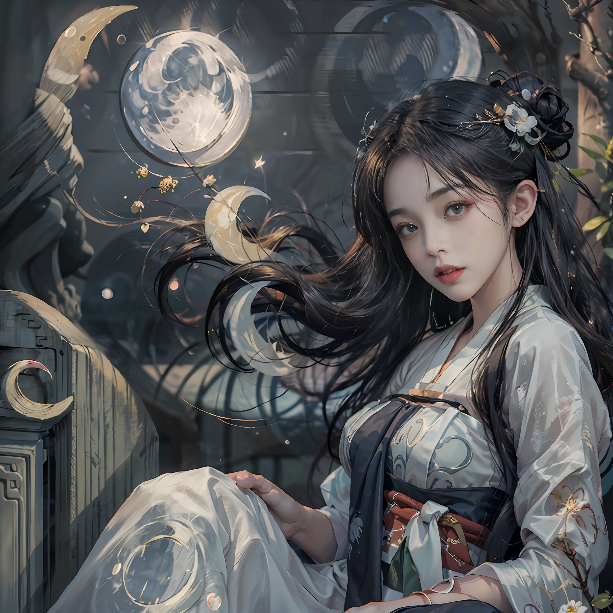 a 20-year-old woman, a girl Chinese fairy, gloom face, beautiful Chinese fairy tale face, beautiful face without flaws, slender body, fair skin, thin and beautiful lips, soft smile, keep your mouth shut again, (The scene of the moonlight is magical:1.8), the full moon shines, moonlight, the moon, (luxury house in ancient Chinese style:1.2), Chinese-style bun hair, shiny black hair, flying hair, long hair, blue eyes sad gaze, twinkle eyes, big round eyes and very nice and detailed makeup , holy woman body, breasts round, big and round breasts, a beautiful face in detail and well-proportioned eyes, meticulous makeup, drooping arms, Realistic and vivid images, stars that make up the sky, sexy body, most beautiful eyes, picture perfect eyes, beautiful saint and flowers, jewelry, beautiful face, upper body, hanfu, high resolution, best quality, best photo, 8k quality, 8k ultra, surreal, best real life photo, hdr, high skin detail, Bokeh, Smooth and sharp, 10x pixel increase, fictional art, 8k CGI, realistic, medium shot, (upper body), (white hanfu:1.8), by Mappa