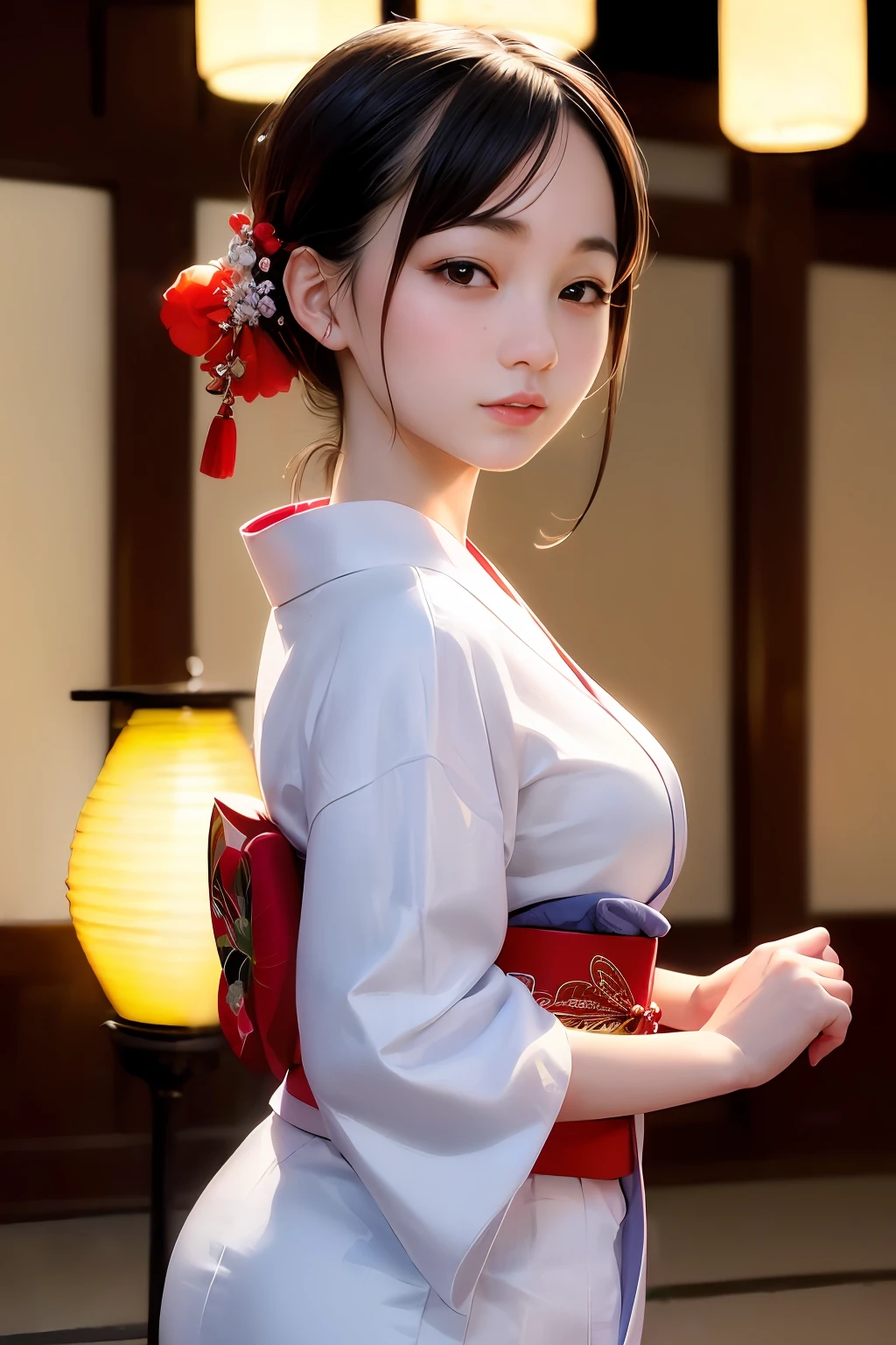 Are sleeping、nap、（Sleeping with your eyes closed）、(４In K、​masterpiece、hight resolution、Realistic and beautiful light and shadow、One girl、Solo Focus、(top-quality)、(Hi-Res)、(extremely delicate and beautiful)、(Beautiful 8k face)、(Brown-eyed)、(I close my eyes while smiling.)、(独奏)、(Clear skin)、(Soft hair)、(hugetits)、(Floral kimono wearing white, red and blue yukata)、((Awa Odori Pose))、((Bokeh lantern light night background))、((speedo))、(reality)、Undersized nose、（red lipsticks）、（Reddening cheeks）、poneyTail、（Lustrous skin）、((Ukiyo-e style))、Ultra-thin eyebrows、Ultra high image quality、（Wearing maiko-style makeup）、skin whitening、long and beautiful lashes、Turning around in the style of a Kyoto magazine model、((s asleep))、hugetits、（Red-dyed cheeks）、Beautiful white skin with crystal clear luster