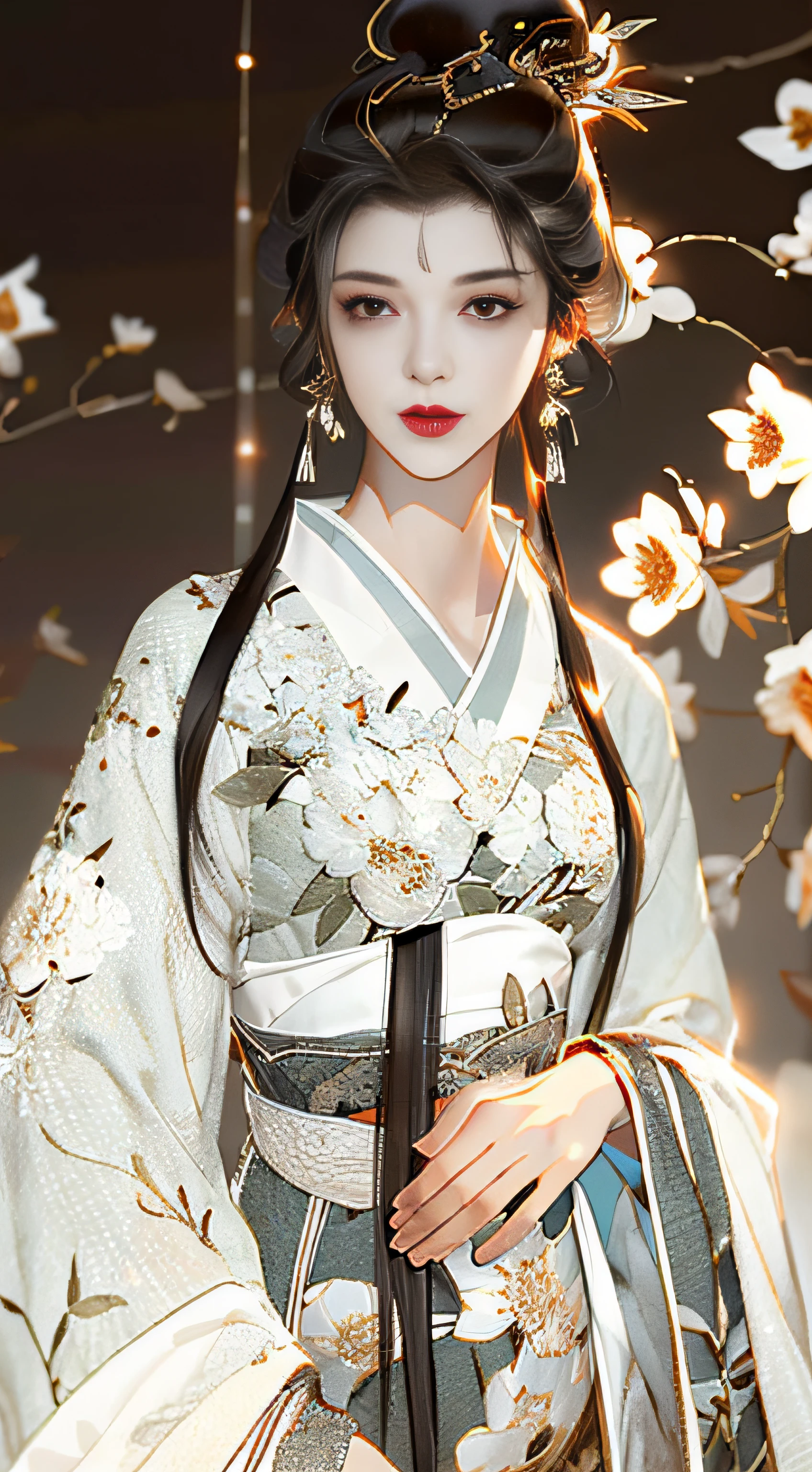 Beautiful details for girl，Very detailed eyes and face，Beautiful eye details，Super detailed，A high resolution，Very detailed，The best quality，illustration，Exquisite details，Best quality，Very detailed CG，8K wallpapers，A woman，woods，Long black hair，horsetail，Hanfu girl，blossoms，Complex textures，Streamers，navel，Shoulder，the complex background，Half body，Solo