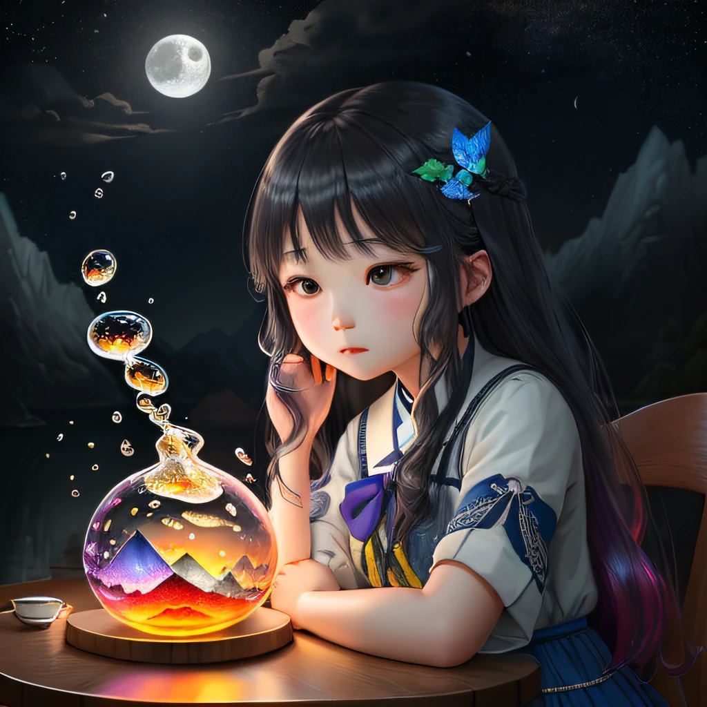 (8k, RAW photo:1.2), best quality, ultra high res,dramatic angle,(fluttered detailed color splashs), (illustration),(((1 girl))),(long hair),(rain:0.9), (头饰:1.4),少女身边有一座古宫,汉服,(重点),彩色水墨画,(泼彩),泼彩,(((colorful))),(素描:0.8) , Masterpiece, best quality, beautiful painted, highly detailed,(denoising:0.6),[splash ink],((ink refraction)), (beautiful detailed sky),moon,highly,detaild,(masterpiece, best quality, extremely detailed） CG unity 8k壁纸，杰作，最好的质量，超详细），（石蒜），