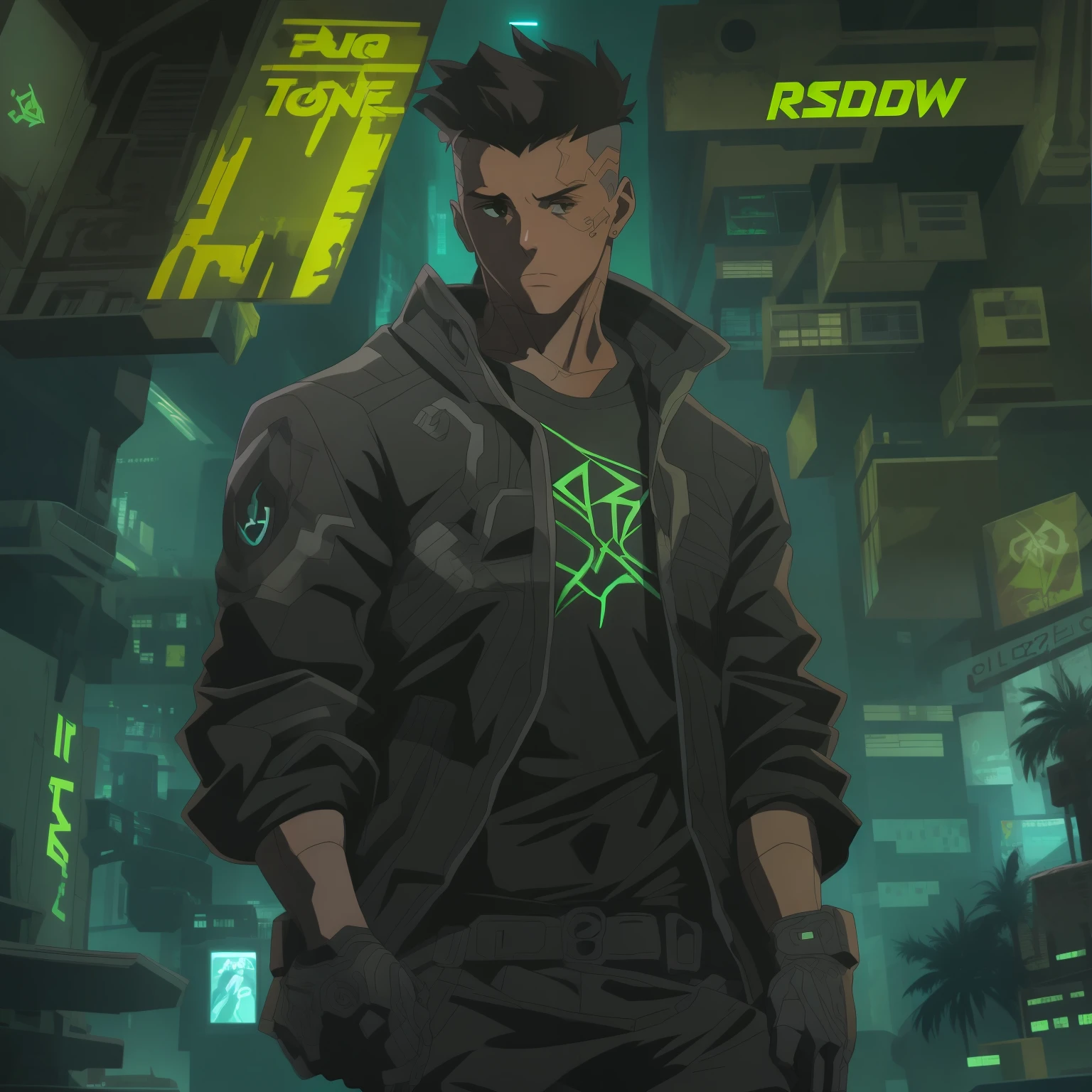 Crie a arte de um personagem humano, jovem, masculino, vestindo camiseta, jaqueta de trincheira longo da cor preta, inspirado no jogo Shadowrun, Cyberpunk Fantasia Negra