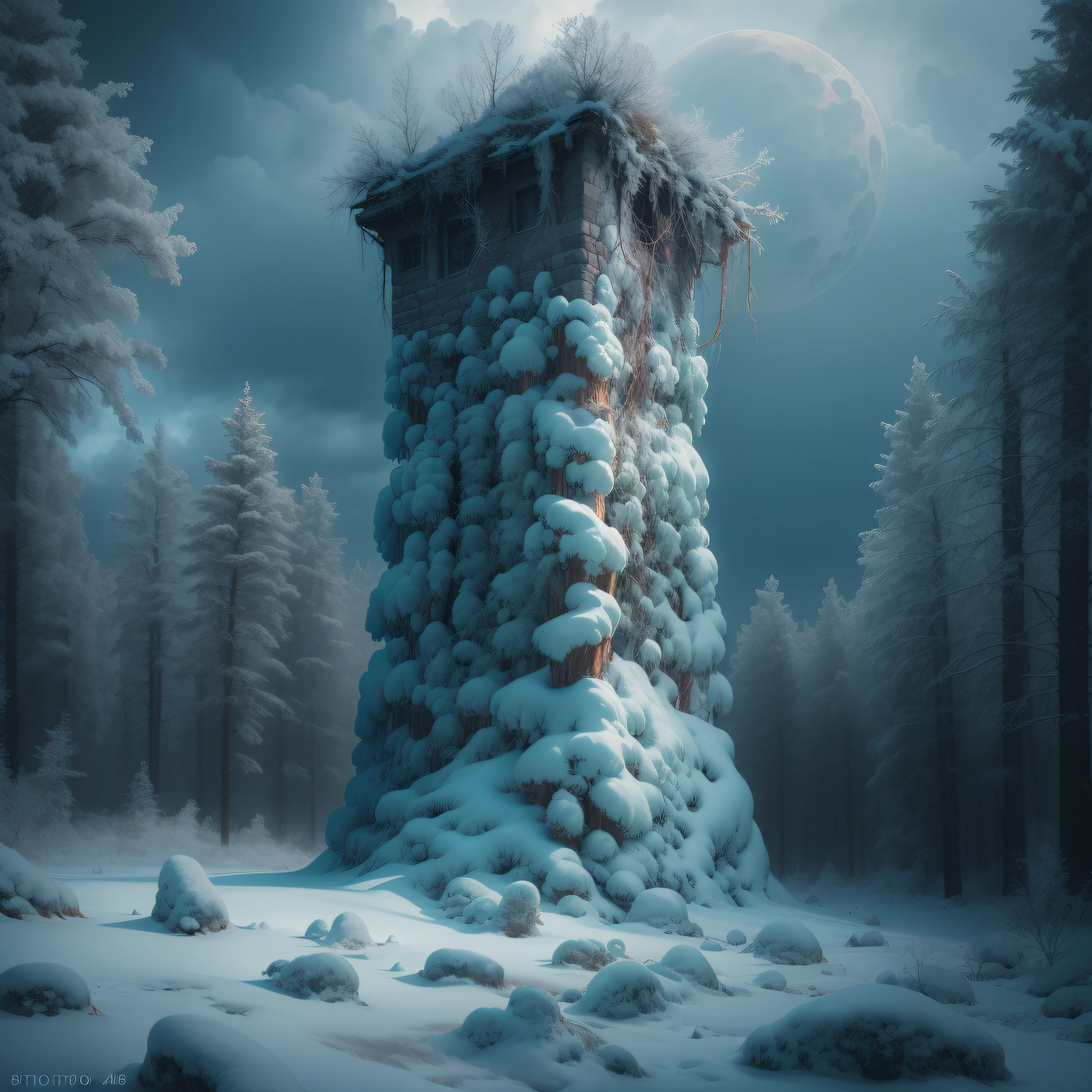 frozen forest, siberia, stone tower, fantasy, digital art, photo, photorealistic, photo, masterpiece, realistic, realism, photorealism, high contrast, photorealistic digital art trending on artstation 8k hd high definition detailed realistic, detailed, skin texture, hyper detailed, realistic skin texture, armature, best quality, ultra high res, (photorealistic:1. 4), high resolution, detailed, raw photo, sharp re, by lee jeffries, nikon d850, film stock, kodak portra 400 camera, f1. 6 lens, rich colors, hyper, realistic lifelike texture, dramatic lighting, unrealengine, trending on artstation, cinestill 800