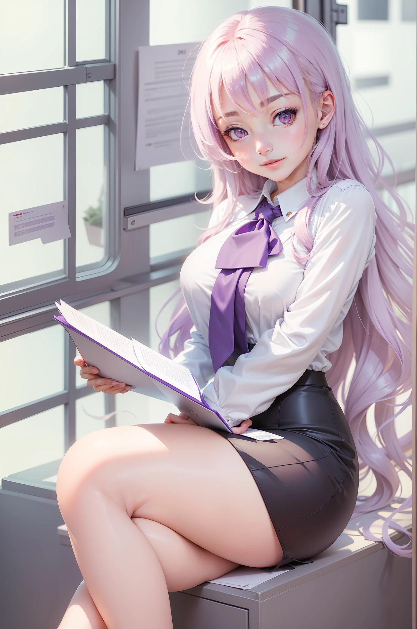 (masterpiece, best quality, 1girl:1.2, solo:1.3, anime illustration), ((Mature girl)), (office suit), (full body), (portrait), very beautiful, anime, happy face, white long wavy hair, floating hair, white shirt, purple eye, purple necktie, long sleeves, black mini skirt, clear skin, looking at viewer, c cup, large hips, holding file folder, making presentation purple highlight color graded, black background.