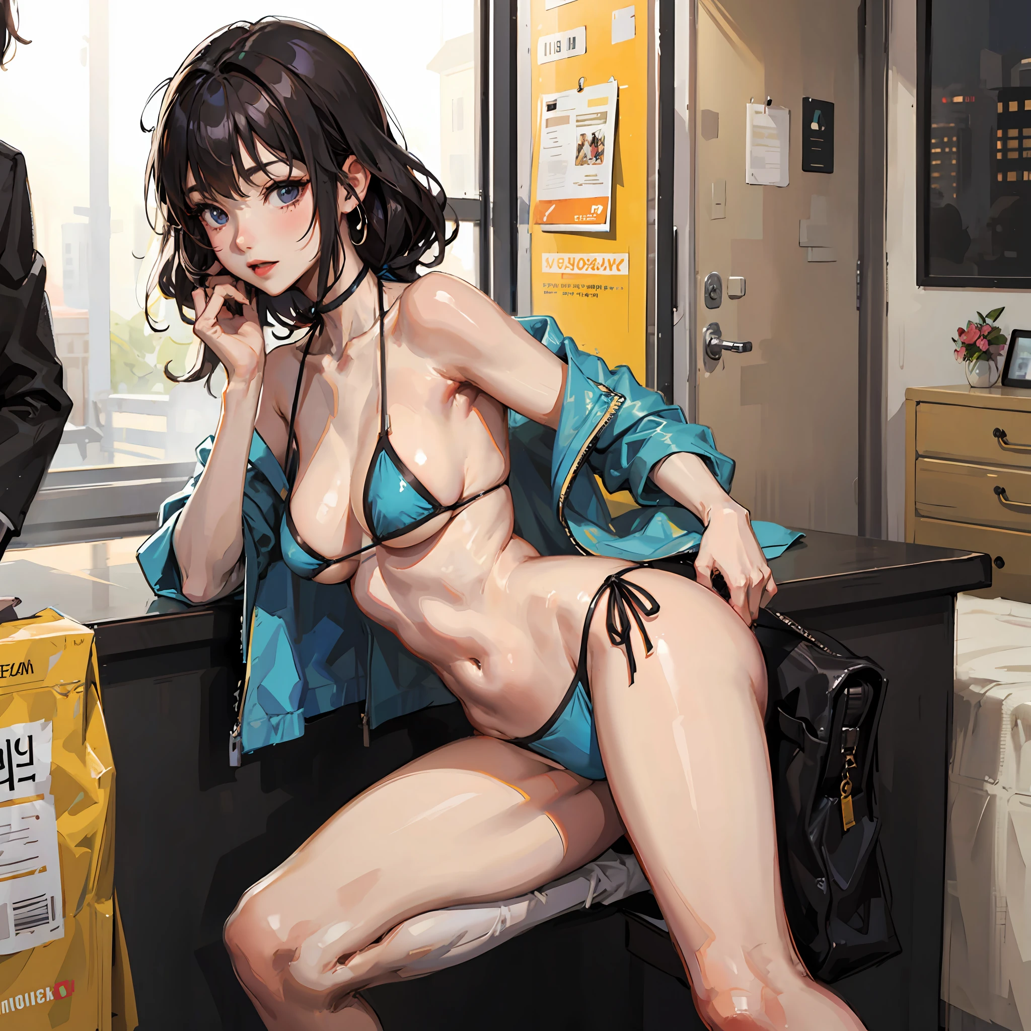 short bikini, korean girl, in public, sexy pose, fit body, --auto