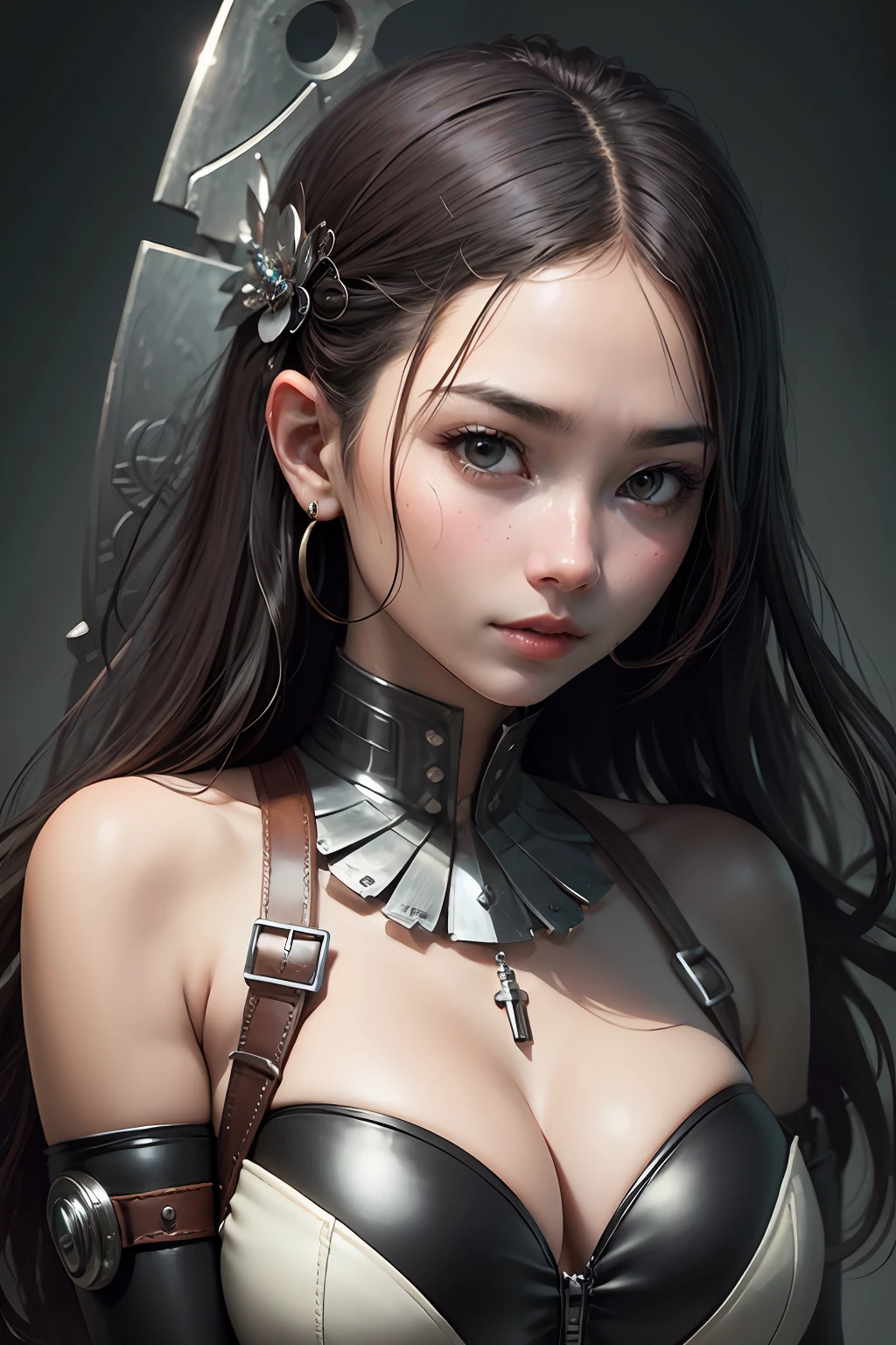 Well-formed face、Beautiful girl with mechanical hands、high-level image quality、Carrying a huge scythe