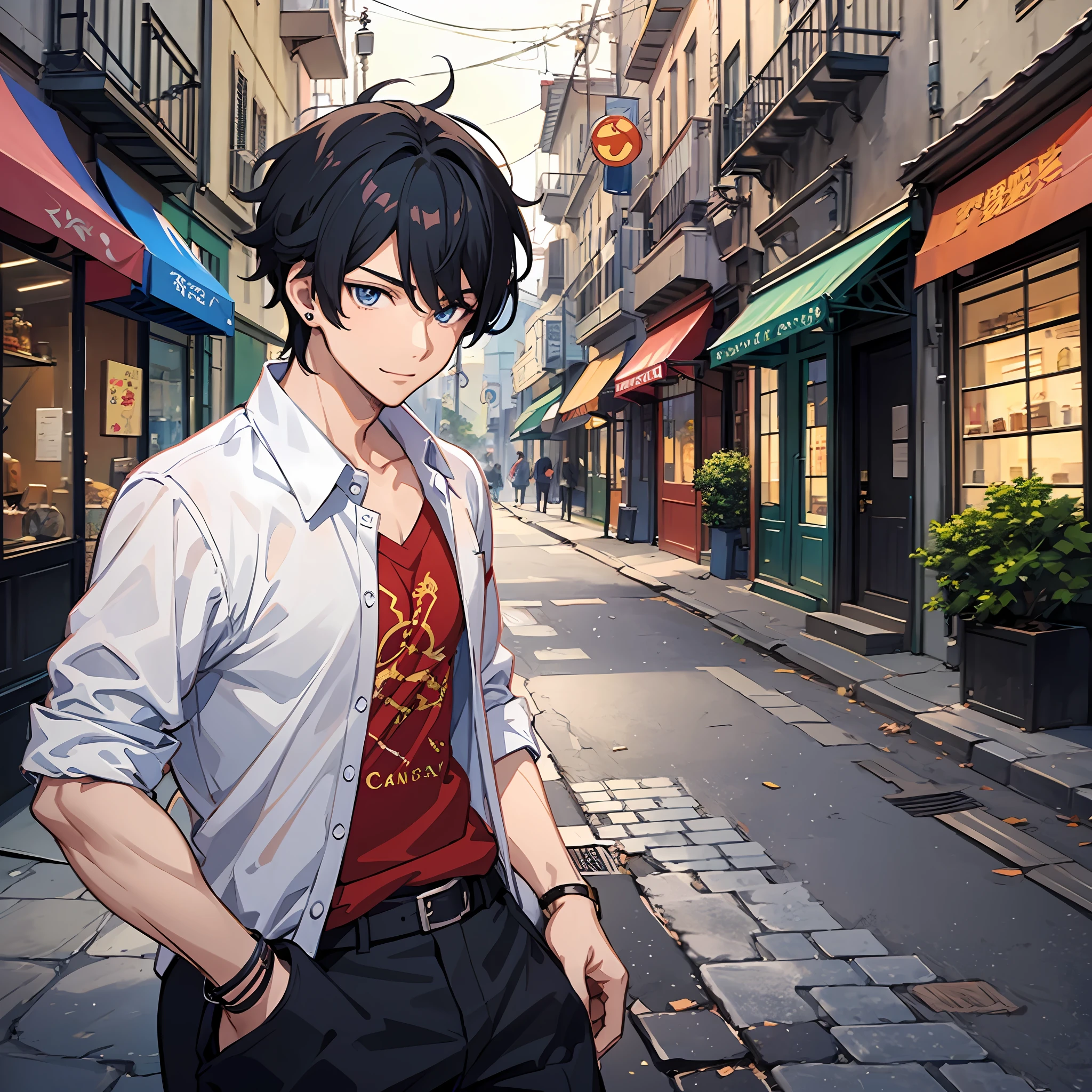 Anime characters in white T-shirts，In quaint streets，The streets are lined with antique vendors selling vases, porcelain, and antique paintings，Light smile，Tall anime man with blue eyes，young anime man，Anime handsome man，Anime portrait of a handsome man，anime moe art style，Male anime style，inspirado em Okumura Masanobu，male anime character，Anime boys，High Quality Anime Art Style，Handsome anime pose，smooth anime cg art，with short black hair，Black stud earrings