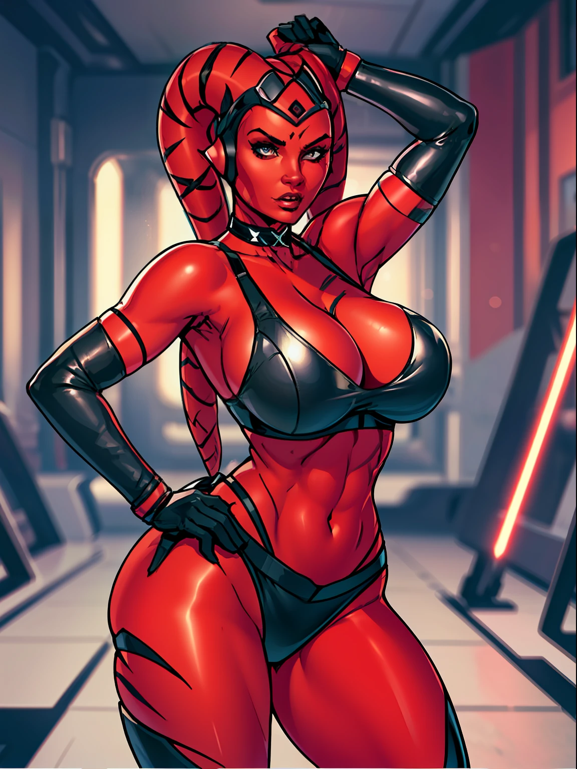 busty, ((red skin), twi'lek), stretching, evil space dancer, (black sports bra, choker, leggings, gloves), ((busty), slender body, thin, slim sexy body, slim waist, ((((gigantic breasts))))), Imperial starship, Star Wars,