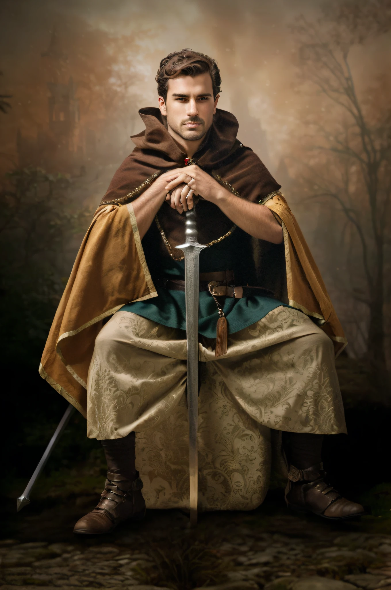 Homem arafed em uma capa marrom com uma espada sentada em uma rocha, retrato medieval, Foto do personagem de fantasia, fotografia de personagens, full portrait of magical knight, como um personagem de fantasia medieval, Guerreiro medieval, fotografia medieval, cavaleiro medieval masculino robusto, Retrato do cavaleiro, fantasy genre portrait, vestidos com roupas medievais, traje medieval, Retrato de um viking, foto de retrato