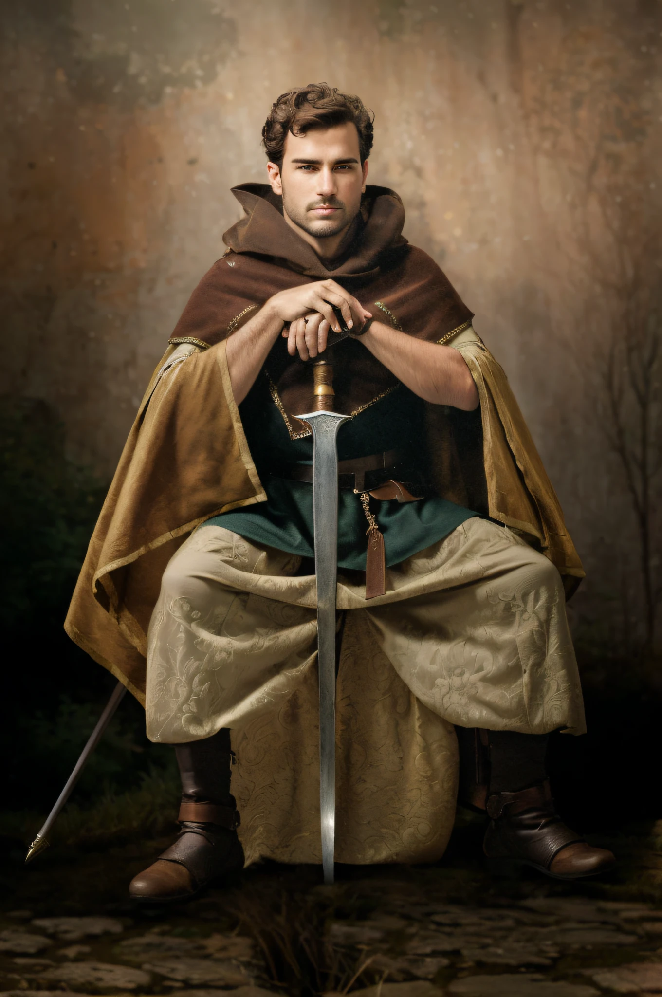 Homem arafed em uma capa marrom com uma espada sentada em uma rocha, retrato medieval, Foto do personagem de fantasia, fotografia de personagens, full portrait of magical knight, como um personagem de fantasia medieval, Guerreiro medieval, fotografia medieval, cavaleiro medieval masculino robusto, Retrato do cavaleiro, fantasy genre portrait, vestidos com roupas medievais, traje medieval, Retrato de um viking, foto de retrato