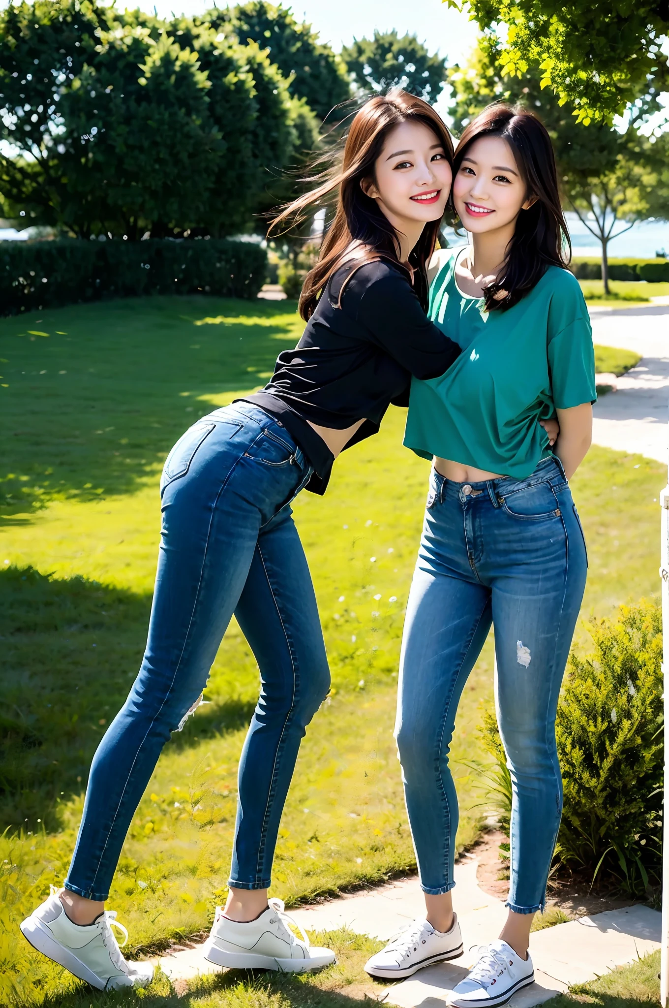 （RAW photogr，超高分辨率，tmasterpiece，best qualtiy：1.4），Complicated details，2 20 year old Korean girl，Wear a loose black T-shirt and skinny jeans，Stand on the grass and take pictures，hugs，Intimate relationships，Detailed meadow，A sweet smile on a small face，The face and skin are pink and fair，Ultra-realistic facial details，Playful and coquettish pose，The calves are straight and slender:1.5，Wear high-end branded colorful travel shoes:1.5，eventide，warm color，Broad lighting，naturalshadow，Shoot from the back，Show beautiful waist and hips，taking a full body photo:1.8