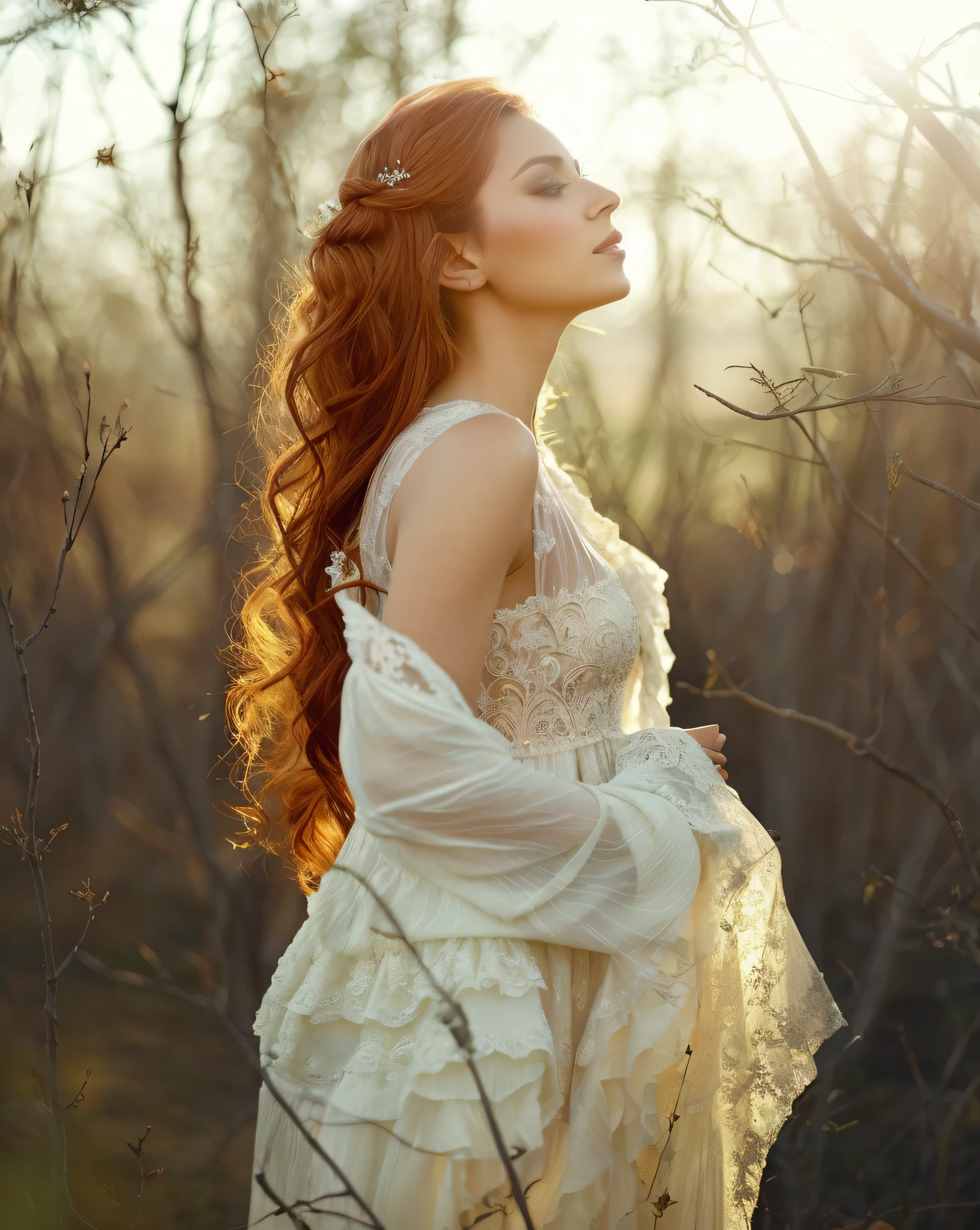 Woman in a white dress standing in a field, ethereal beauty, ethereal back light, ethereal fairy tale, a stunning young ethereal figure, dreamy and ethereal, ethereal and dreamy, donzela bonita, incredibly ethereal, lovely bohemian princess, suavemente retroiluminado, long glowing ethereal hair, mulher ruiva bonita, very ethereal, Deusa dos cabelos ruivos, banhado em luz dourada