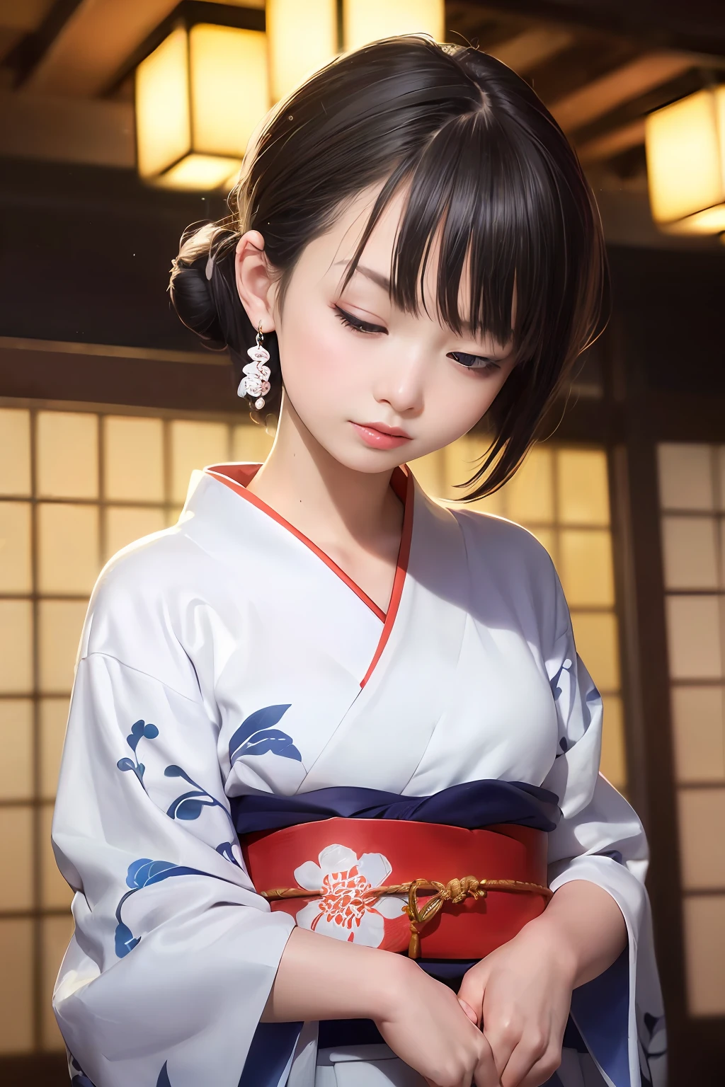 Are sleeping、nap、（Sleeping with your eyes closed）、(４In K、​masterpiece、hight resolution、Realistic and beautiful light and shadow、One girl、Solo Focus、(top-quality)、(Hi-Res)、(extremely delicate and beautiful)、(Beautiful 8k face)、(Brown-eyed)、(I close my eyes while smiling.)、(独奏)、(Clear skin)、(Soft hair)、(hugetits)、(Floral kimono wearing white, red and blue yukata)、((Awa Odori Pose))、((Bokeh lantern light night background))、((speedo))、(reality)、Undersized nose、（red lipsticks）、（Reddening cheeks）、poneyTail、（Lustrous skin）、((Ukiyo-e style))、Ultra-thin eyebrows、Ultra high image quality、（Wearing maiko-style makeup）、skin whitening、long and beautiful lashes、Turning around in the style of a Kyoto magazine model、((s asleep))、hugetits、（Red-dyed cheeks）