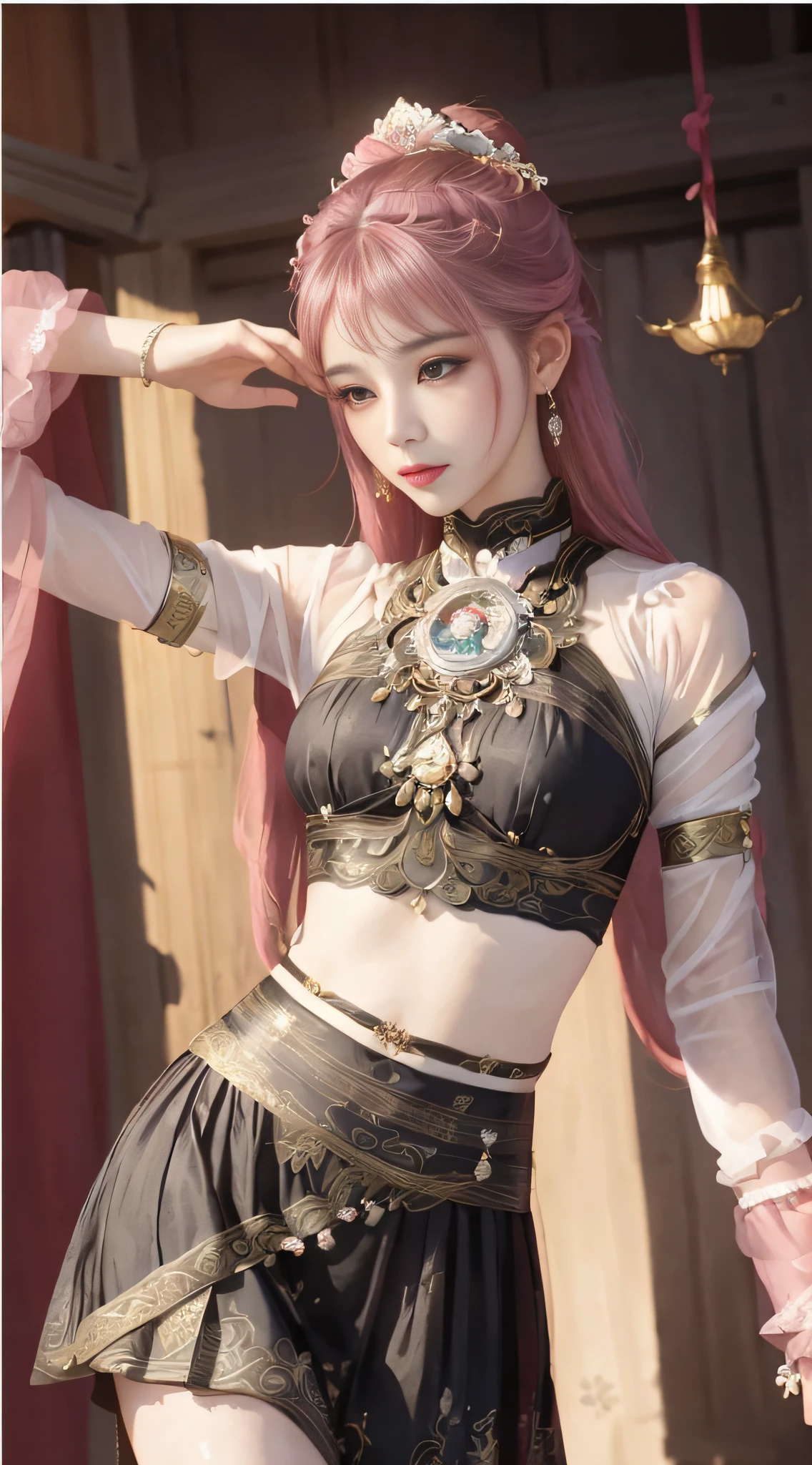 The art depicts a charming woman dressed in a flowing, silky traditional oriental dress, pink, decorated with intricate patterns and bright colors. Her dress drapes elegantly over her curvy figure, accentuating her seductive silhouette. She stood gracefully in the quiet moonlit night, bathed in the soft glow of the moonlight. The scene exudes an ethereal and dreamy atmosphere, with a touch of mystery and sexiness. The graphic style blends watercolor and digital illustration techniques to evoke a refined beauty and charm. The lights are filled with soft moonlight, casting soft highlights and shadows on her charming features. Bare thighs, big breasts
