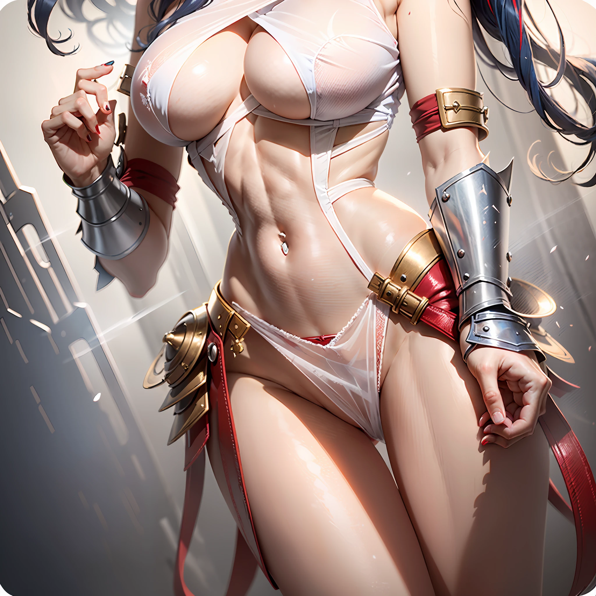 Beautiful woman detailed defined body using Skimpy leather armor with a sabre on the hand , medium breasts, (visible ) , dark blue hair with red highlights, dark red lipstick, green eyes, Nipple transparent trought costume