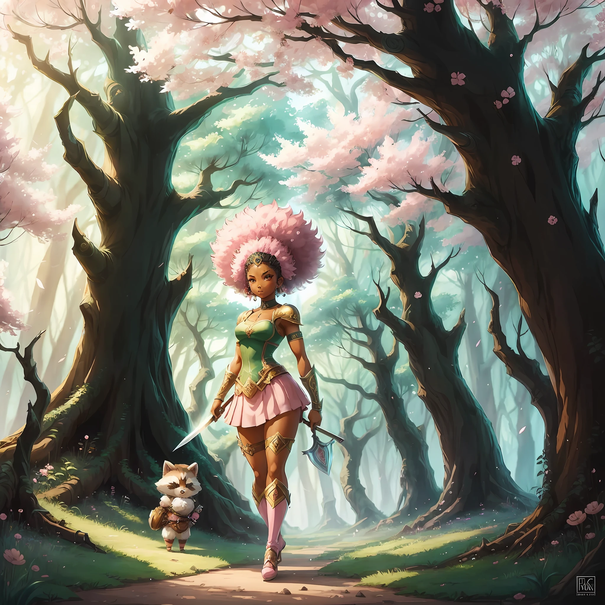 Full body cute anime, Fashionable Chibi Anime, Only one person, standing on the grass, Female warrior with sword in the forest, Muscular woman, Pink Afro Very Beautiful Face, Only one woman, Fashionable, Afropunk, Soft touch, , Raccoon headdress, Vivid Color Epic Fantasy Cute Artwork, Fashionable、, Fluffy realistic watercolor style, epic fantasy art style, Woman Standing Alone, Animated Fantasy Cute Artwork,. Epic Fantasy Cute Art Style, Muscular cute hero, epic fantasy character art, Cute Digital Fantasy Art --auto