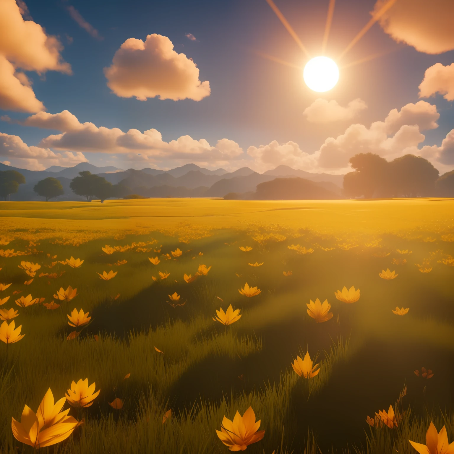 Background com natureza, sol iluminando no centro, centralizado, cores predominantes amarelo, paisagem bonita, ultra realista, unreal engine