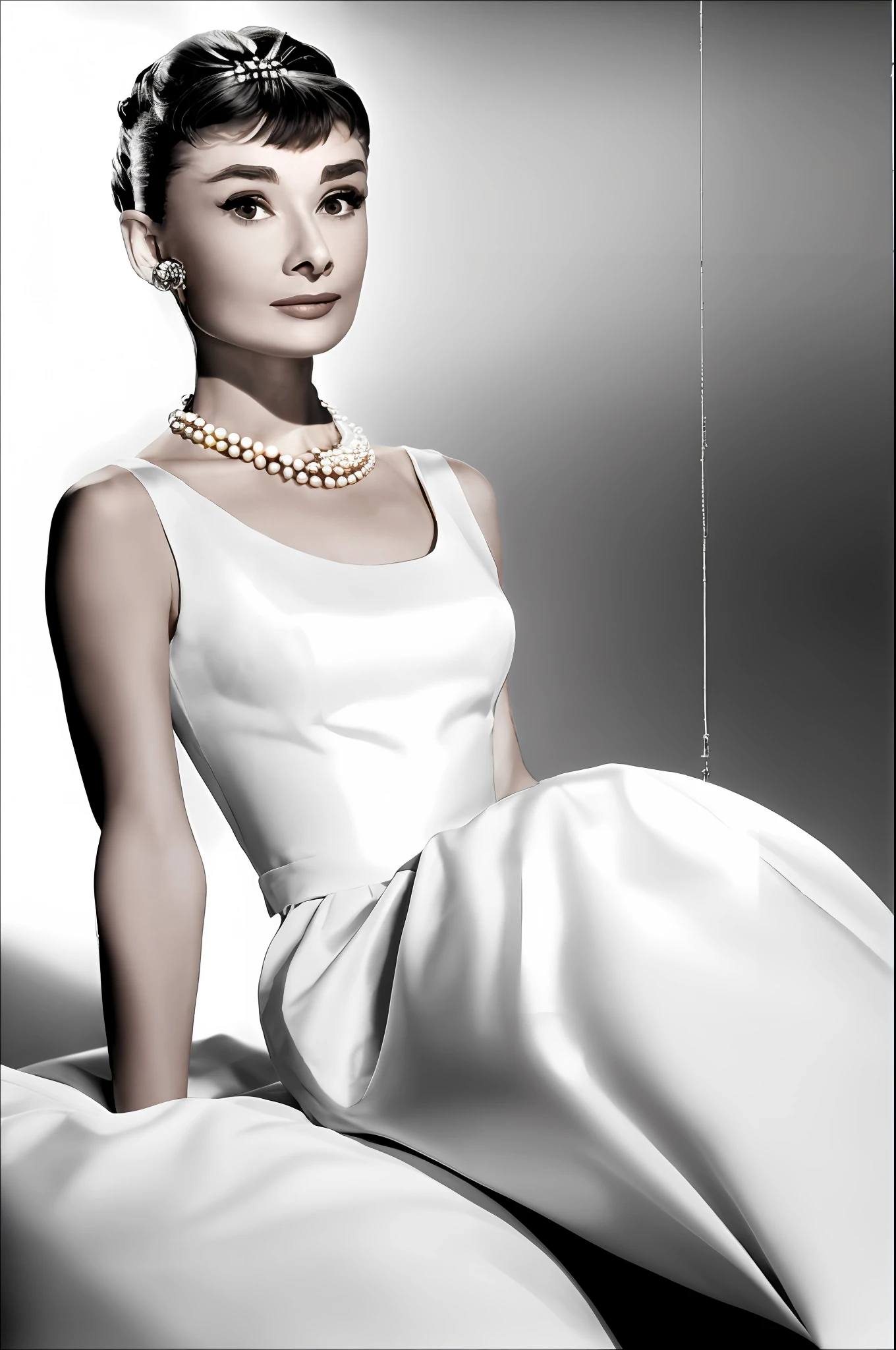 Audrey Hepburn wears a pearl necklace，Elegant posture，Black and white photo，Nostalgic style，8K high-definition，Hollywood style，Elegant and high-end，Simple pearl necklace，Very simple pearl necklace，Wear pearl earrings，Classics never go out of style，Hepburn held a slender pipe
