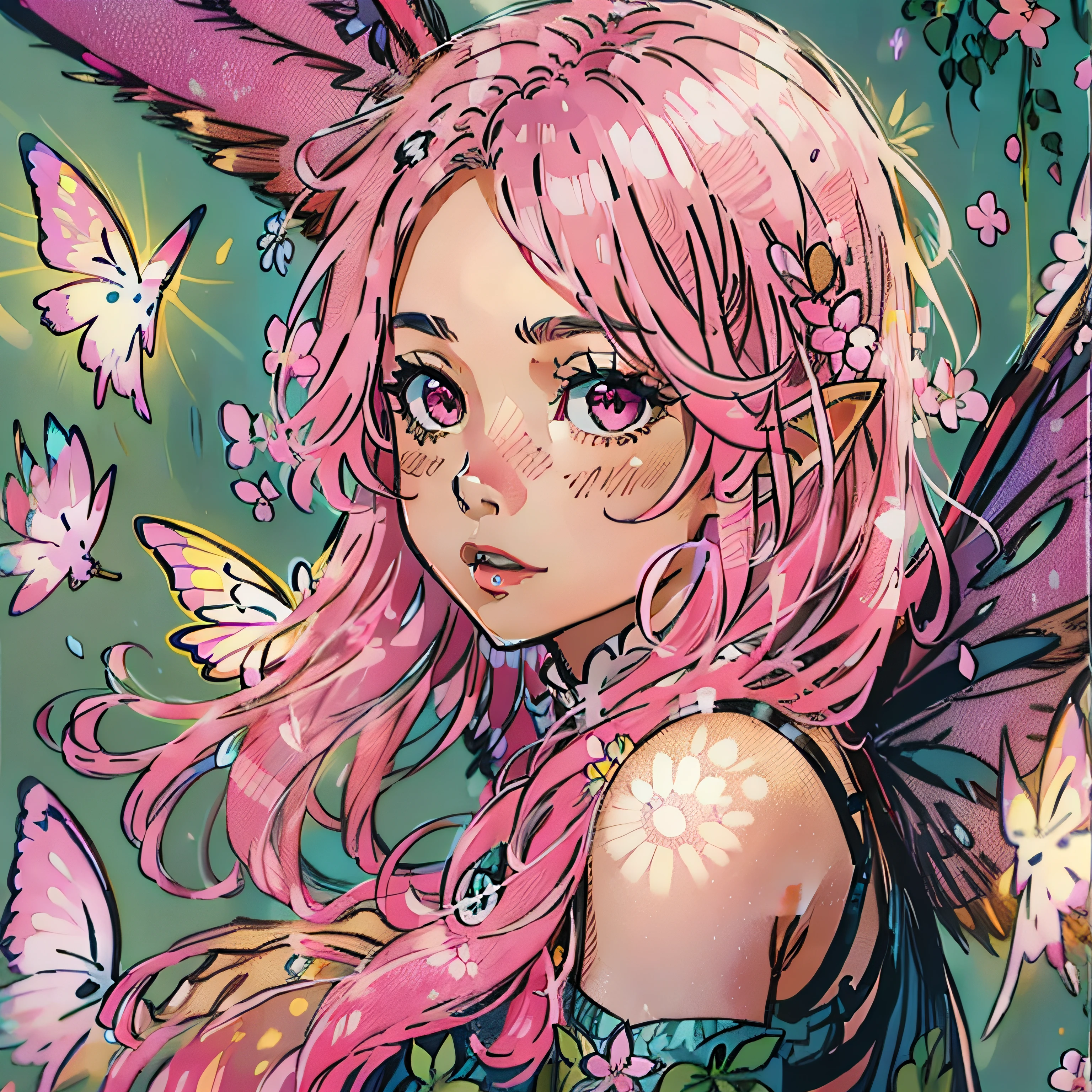small, fairy, pink hair, bright wings
