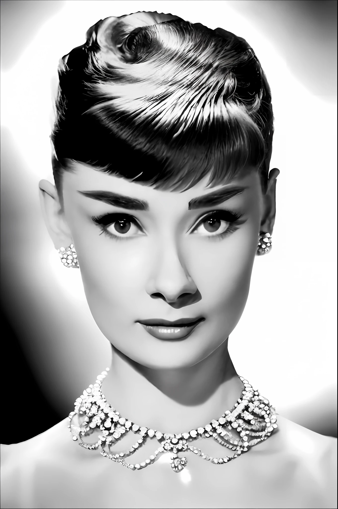 Audrey Hepburn wears a pearl necklace,Elegant posture,Black and White photo,Nostalgic style,8K high-definition,Hollywood style,Elegant and high-end,Simple necklace。
