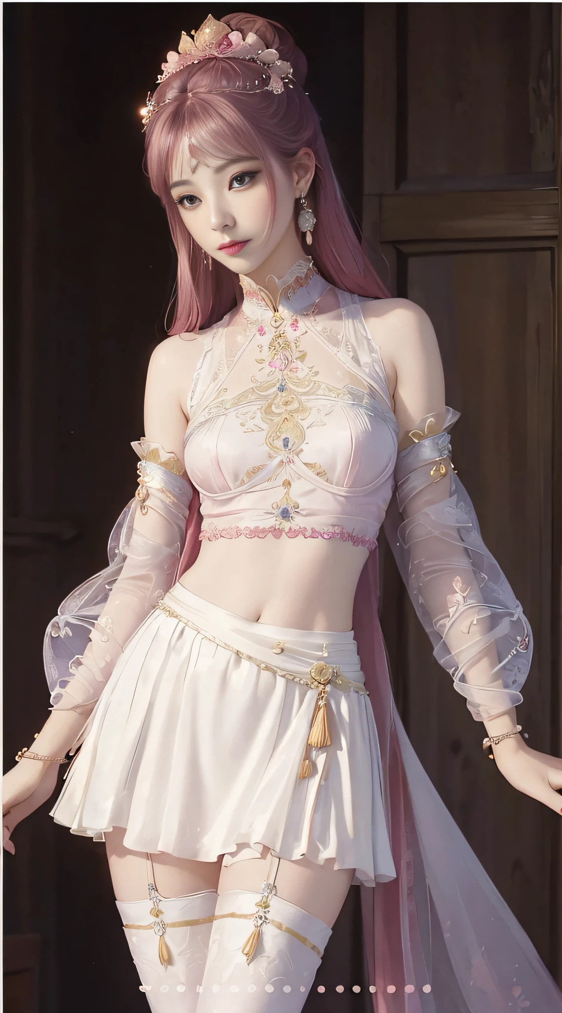 The art depicts a charming woman dressed in a flowing, silky traditional oriental dress, pink, decorated with intricate patterns and bright colors. Her dress drapes elegantly over her curvy figure, accentuating her seductive silhouette. She stood gracefully in the quiet moonlit night, bathed in the soft glow of the moonlight. The scene exudes an ethereal and dreamy atmosphere, with a touch of mystery and sexiness. The graphic style blends watercolor and digital illustration techniques to evoke a refined beauty and charm. The lights are filled with soft moonlight, casting soft highlights and shadows on her charming features. Bare thighs, big breasts