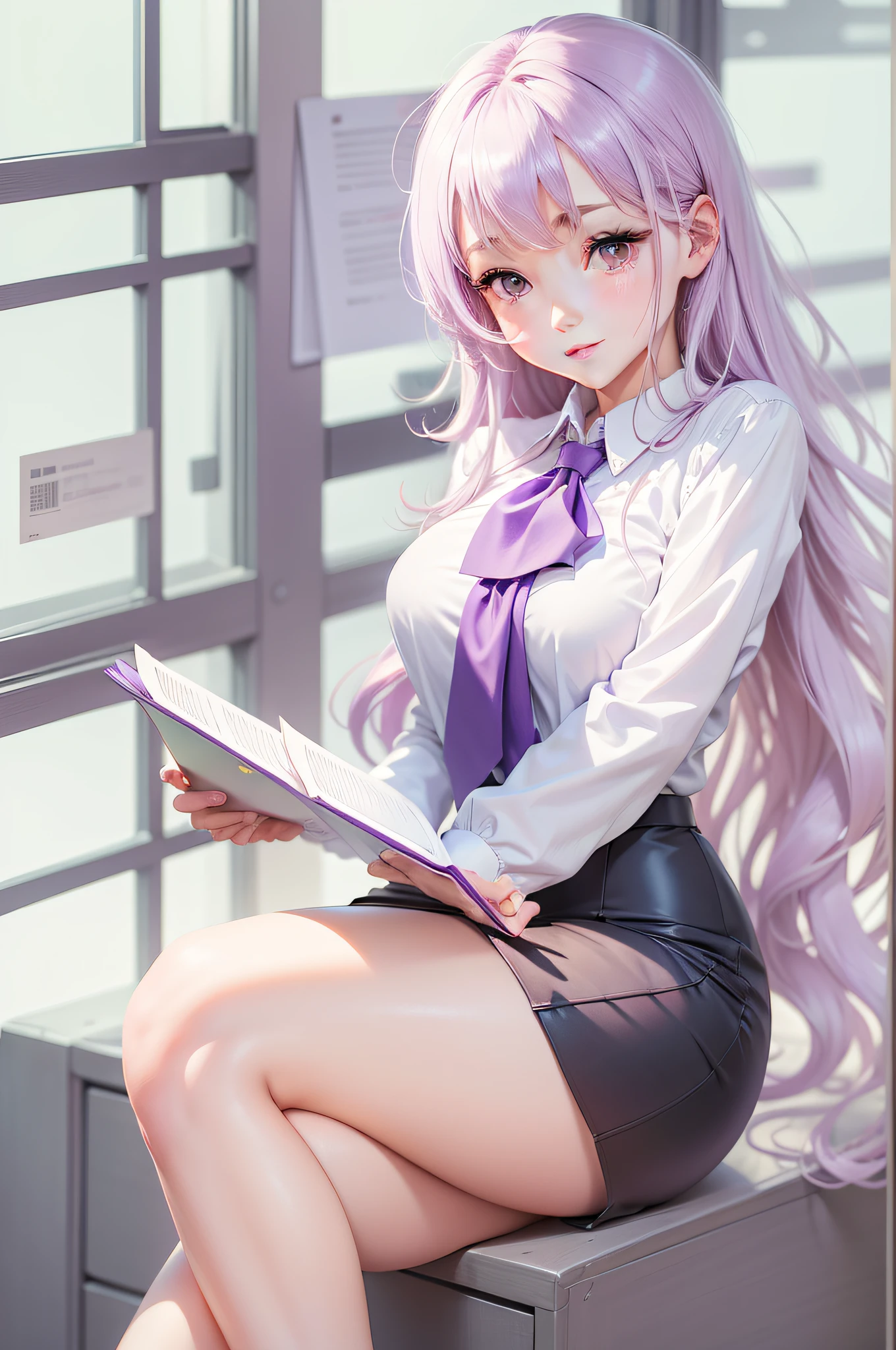 (masterpiece, best quality, 1girl:1.2, solo:1.3, anime illustration), ((Mature girl)), (office suit), (full body), (portrait), very beautiful, anime, happy face, white long wavy hair, floating hair, white shirt, purple eye, purple necktie, long sleeves, black mini skirt, clear skin, looking at viewer, c cup, large hips, holding file folder, making presentation purple highlight color graded, black background.