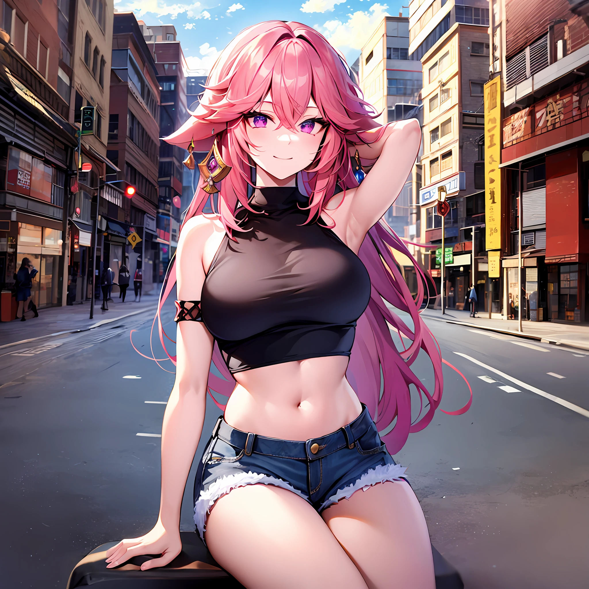 masterpiece, best quality, ultra-detailed), yae miko \(genshin impact\), (pink hair), swept bangs, braid, braided bangs, purple eyes, pink eyes,
(wearing a t-shirt:1.2), sitting on a chair outside of caf, embracing the natural beauty, sunlight, beautiful cloudy sky, city, street, denim shorts, black stocking,
medium breasts, thick thighs, critical angle, cowboy shot, arm behind head, arm behind back, armpits, light smile, crop top, strong and seductive expressions