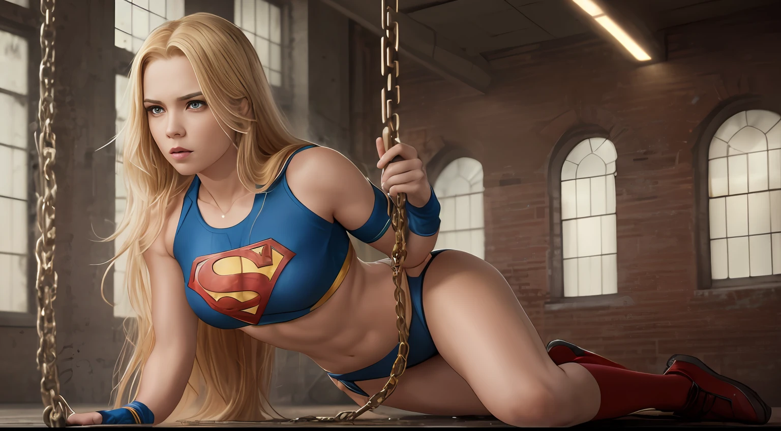 4K，realisticlying，Glamorous，Very meticulous，1 girl，Golden hair，long whitr hair，Wearing a Superman suit，Sexy body，Clothing exposure，Chained，Surrounded by male warriors，The expression is nervous，Full body photo