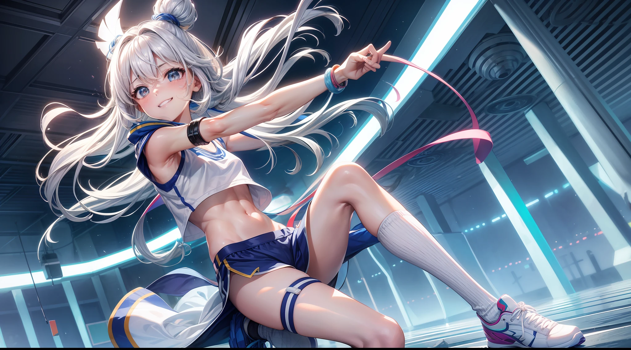 (Extreme Detail CG Unity 8K Wallpapers,tmasterpiece,Highest image quality),(Delicate light and shadow,The picture is highly dramatic,Cinematic lens effect)A youthful student babes standing on the sports field、white clothes、Silver shiny hair、Sporty wind、track pants、self-assured、vibrancy、Tall、slim、Light-colored sports suit、self-assured、vibrancy、Tall、slim、shairband、Bundle up、youthfulenergy、Sports-style clothing、Bright colors、Thin waistband、Fashionab、Wrist watch、Bracelet、White sneakers、grin、Eyes、resolution、Sports hand straps、hair pin、Hair rope、Headbands、Bracelet、Anklets、Leg socks、耳Nipple Ring、Falling debris、with beautiful colors、youthfulenergy、adolable、quadratic element、Brush stroke、中景 the scene is、Full body like