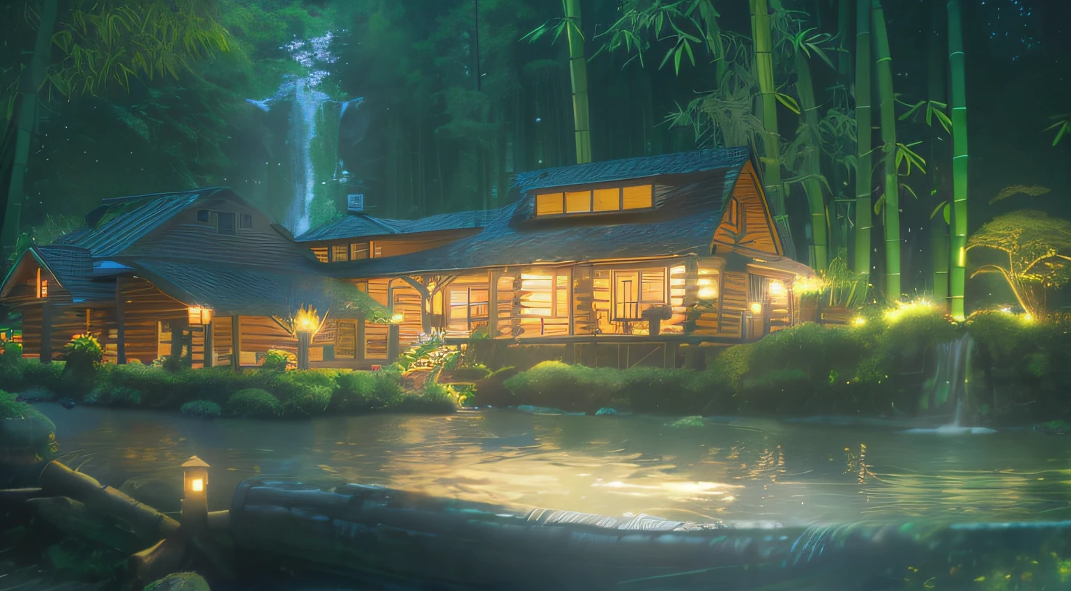 Hyper-realistic，hyper HD，bamboo forrest，log cabin，waterface，Sparkling，The tree，steins，Flowers，lamplight，House view in the forest,