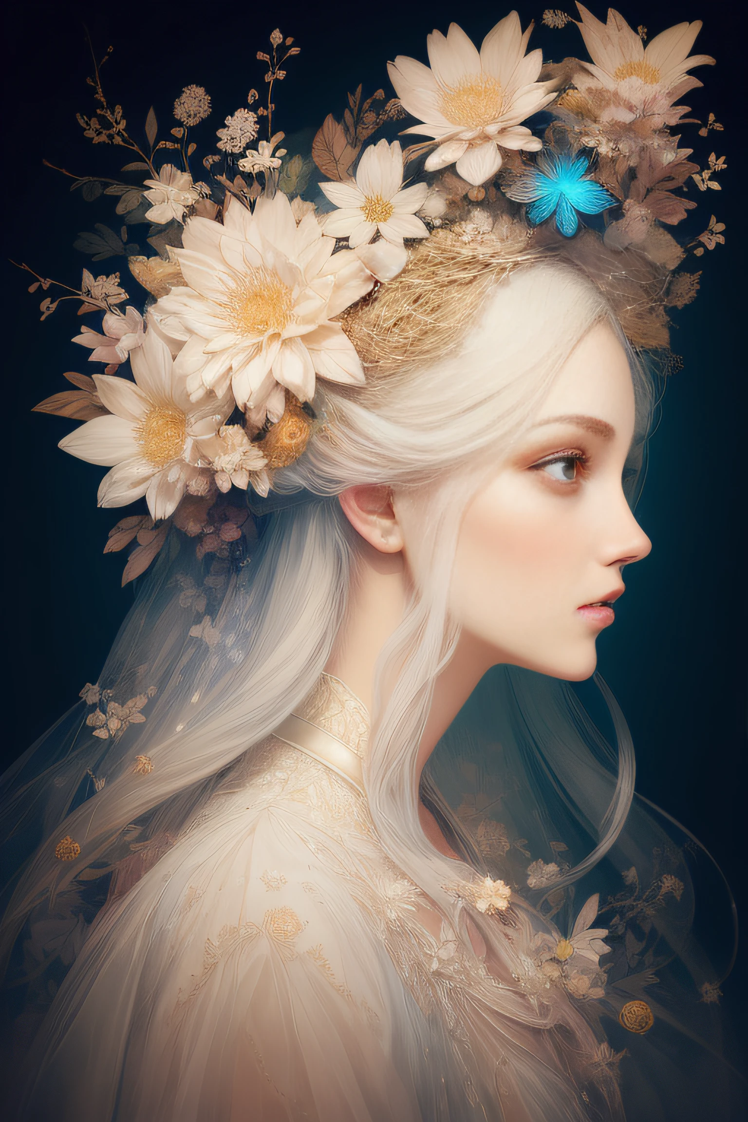 ((gorgeous princess)), one person, long flowing white hair, (bright and beautiful eyes), trending on Art Station, Flower of Hope by Jean-Honor Fragonard, Peter mohrbacher, super detailed, crazy details, Stunning, intricate, elite, art nouveau, ornate, liquid wax, elegant, luxurious, Greg Rutkowski, ink style, sticker, vector art beautiful character design, double exposure shot, luminous design , winning entry, masterpiece, amoled black background,