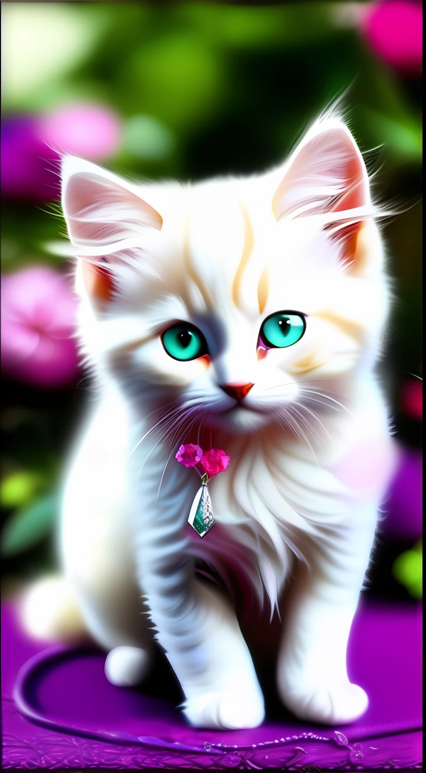 A white-haired kitten， shaggy，sparkle eyes，Jewelry and flowers in the background，ssmile，Funny，Left，Round box，Catstravaganza