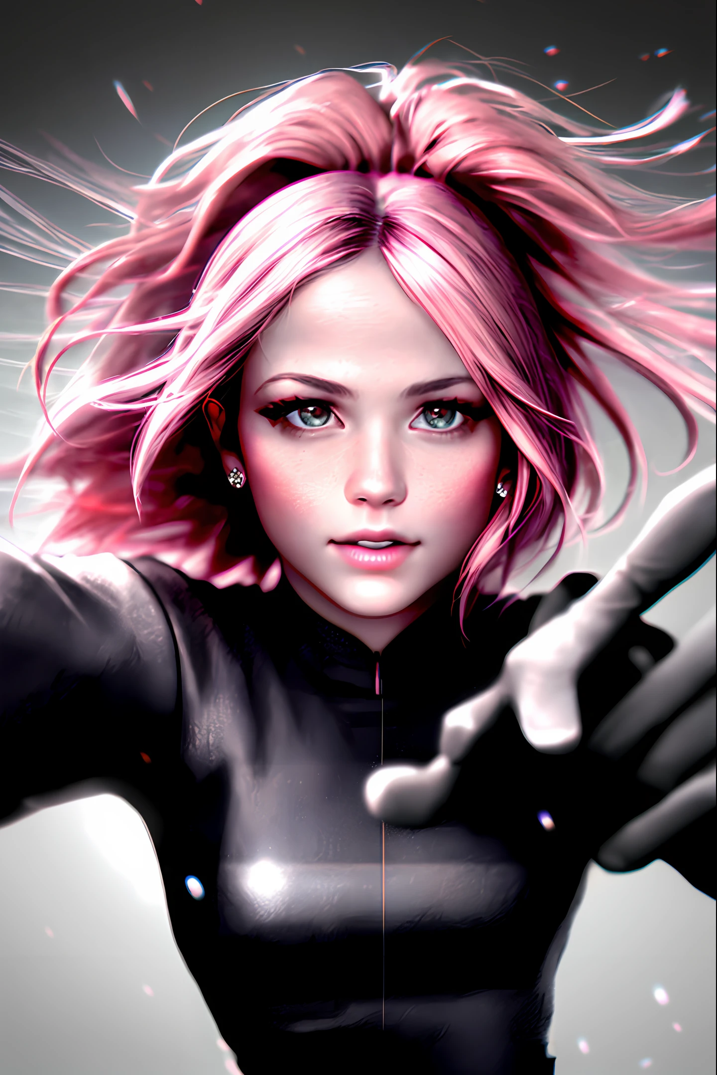 (masterpiece,realistic, best quality:1.4), excited girl, 1girl, she is pointing out a person to the right hand side, wavy medium pink hair, floating hair by wind blow, solo, slender, slim waist,white gloves, gloves, white teeth smile, looking at someone, pink hair, short hair,jewelry, detailed face and eyes, delicate and beautiful face,upon_body, tyndall effect,photorealistic, dark studio, rim lighting, two tone lighting,(high detailed skin:1.2), 8k uhd, dslr, soft lighting, high quality, volumetric lighting, candid, Photograph, high resolution, 4k, 8k, pokies,Bokeh