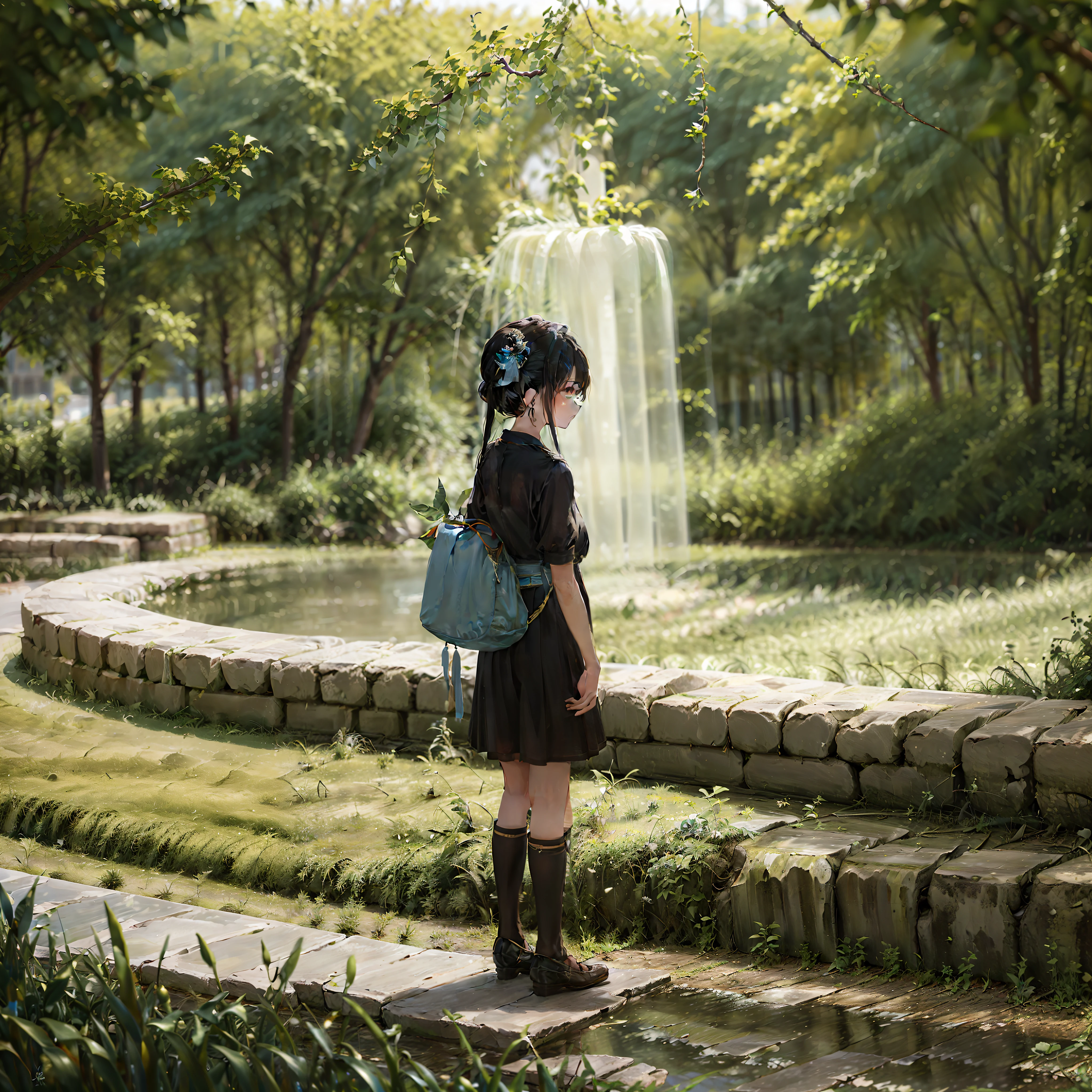ember, Back Shadow, The fountain, Blue pool water,Clear blue sky,grassy fields, freshen, school ground, romanticism lain, Contemporary art, stereograms, Atmospheric perspective, 8K details, Best quality, Youthful sunshine