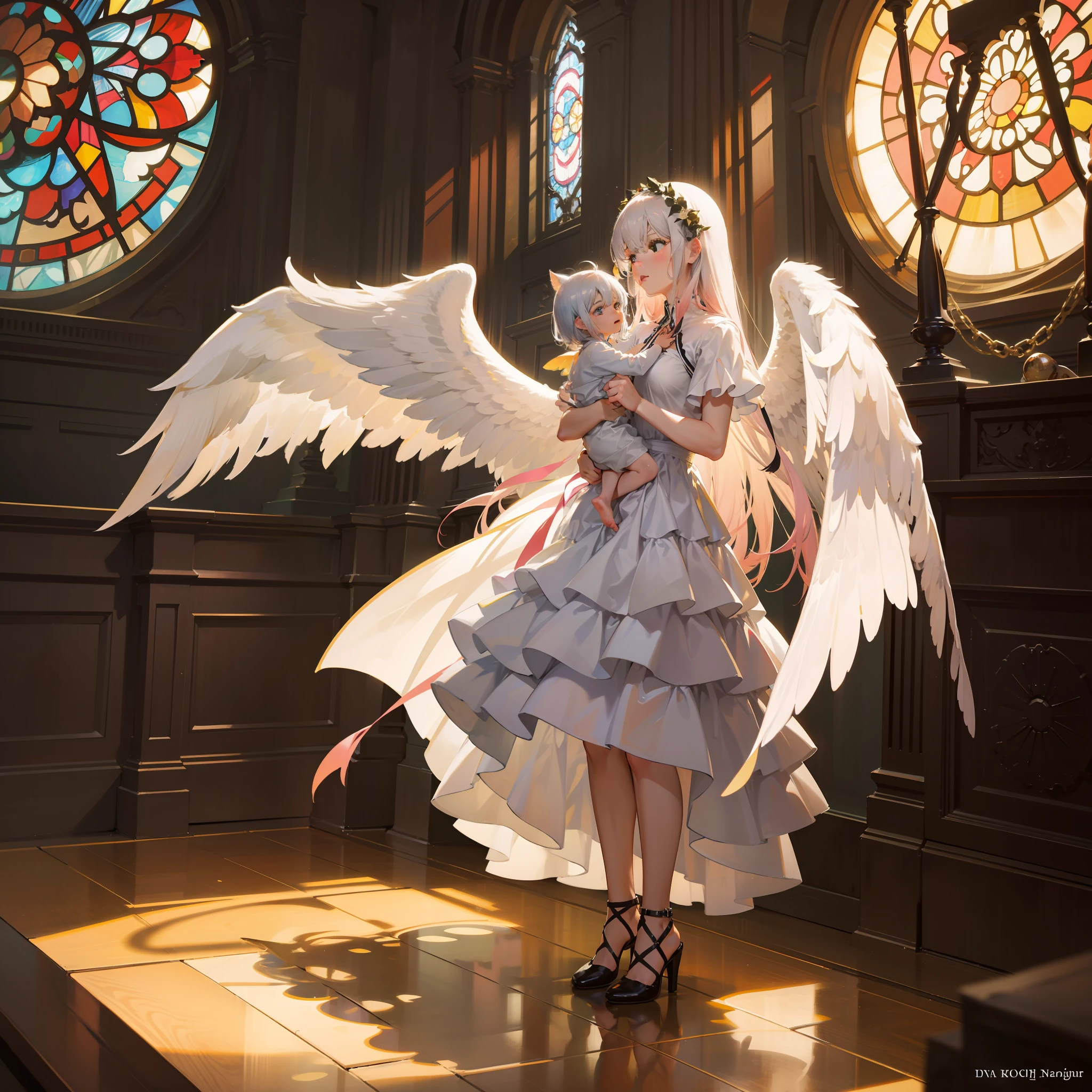 masterpiece、top-quality、Movie stills、one girls、descend、No shadow、angelicales、Angel wings、befall、optic、Deities々in the light、Dazzlingly bright overall、Mystical、In the light of stained glass、double exposure, (layered images):1.2, merged visuals, evocative storytelling, dreamlike atmosphere, creative blending, thought-provoking composition