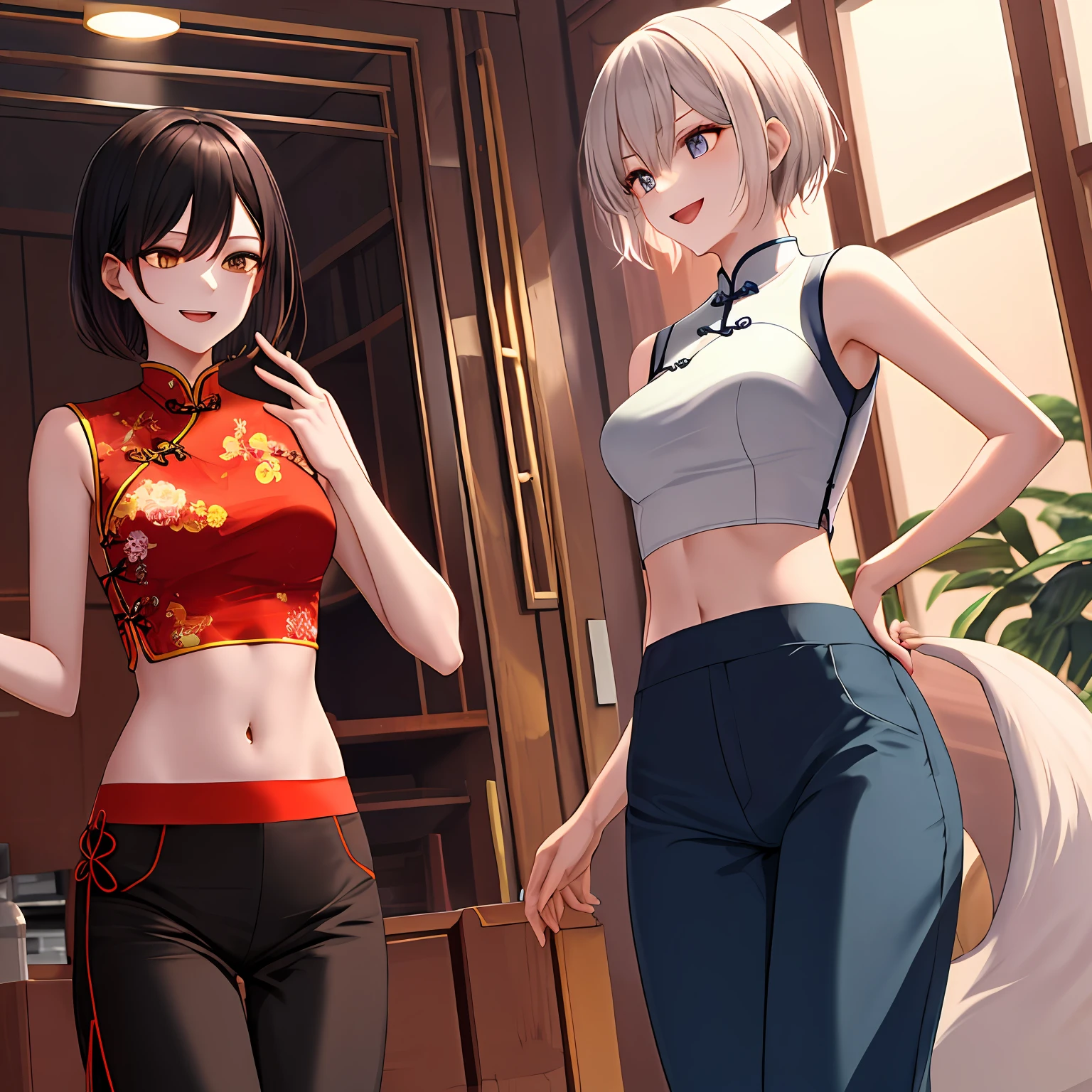 short detailed hair，Feminine，Fox eyes，Domineering laughter，slender figures，Boy wearing crop top cheongsam wide-leg pants
