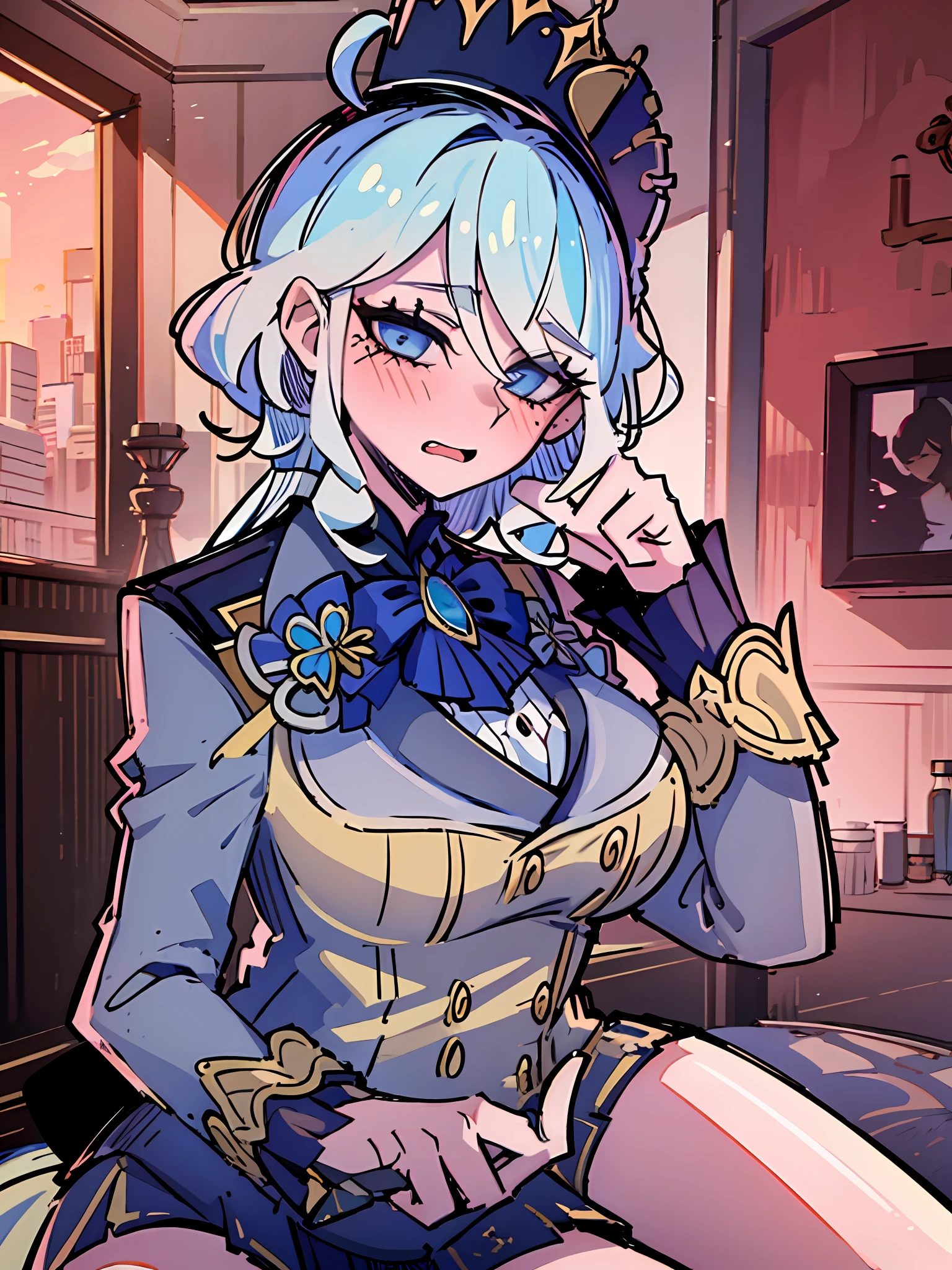 ((masterpiece,best quality)), highres, 1girl, focalors, love in eyes, blushing, shyness, drooling, rolling eyes, long sleeves, miniskirt, big breasts