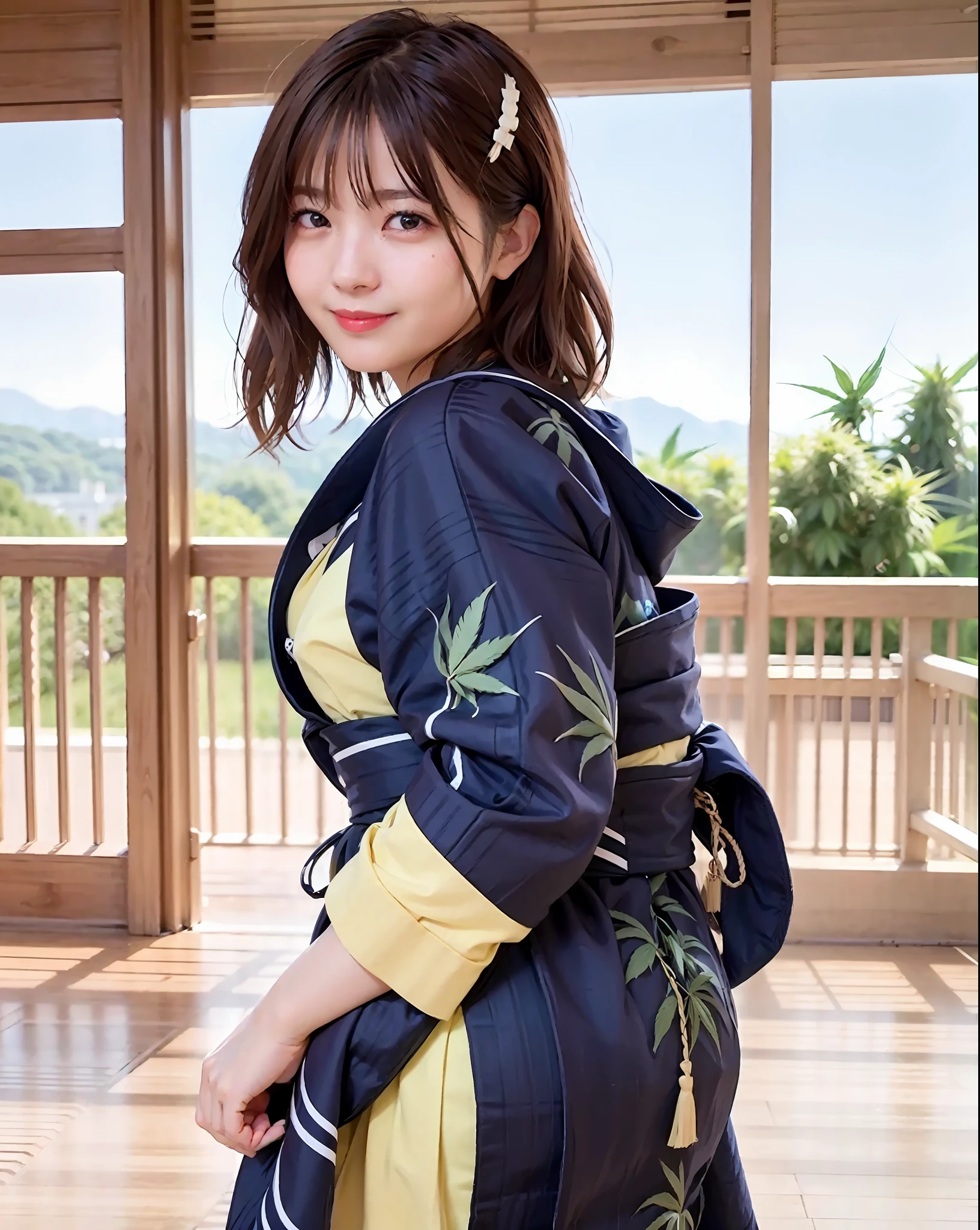 top-quality、Face Focus、softlight、(depth of fields)、超A high resolution、(Photorealsitic:1.4)、RAW Photography、(portlate:1.4)、(from the front side) 1 Japan girls、独奏、cute little、huge-breasted、(full of shyness、a smile: 1.1)、(brown-eyed)、detailed beautiful faces、(short-hair)、Braided hair、traditional Japanese room (Hemp kimono:1.4)
