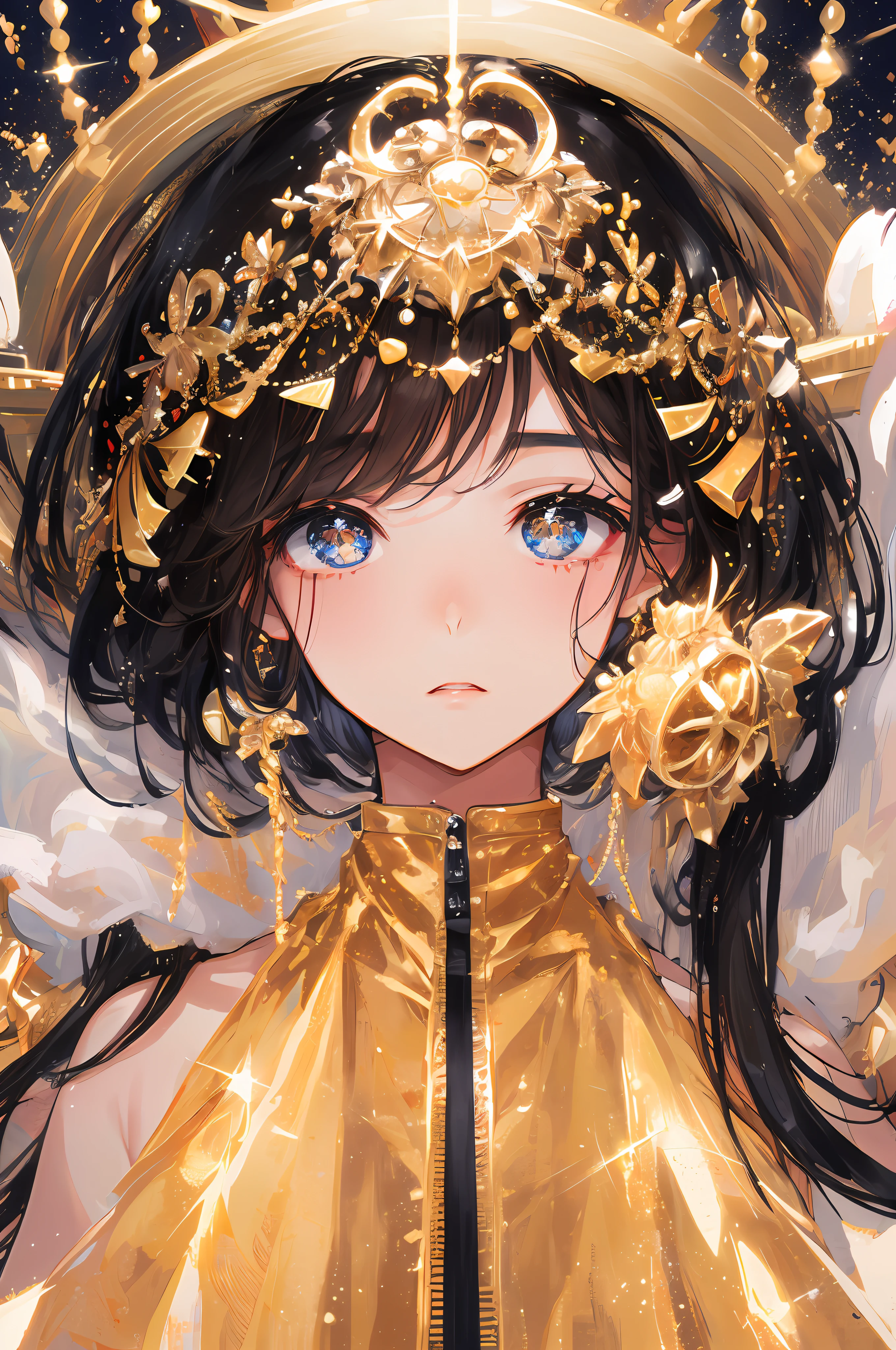 ((tmasterpiece、Need、Super meticulous))?A high resolution?A beautiful girl soloing in the image,She has golden sparkling eyes,?Perfect age ?15year old,Brown hair。Black and white gold theme。