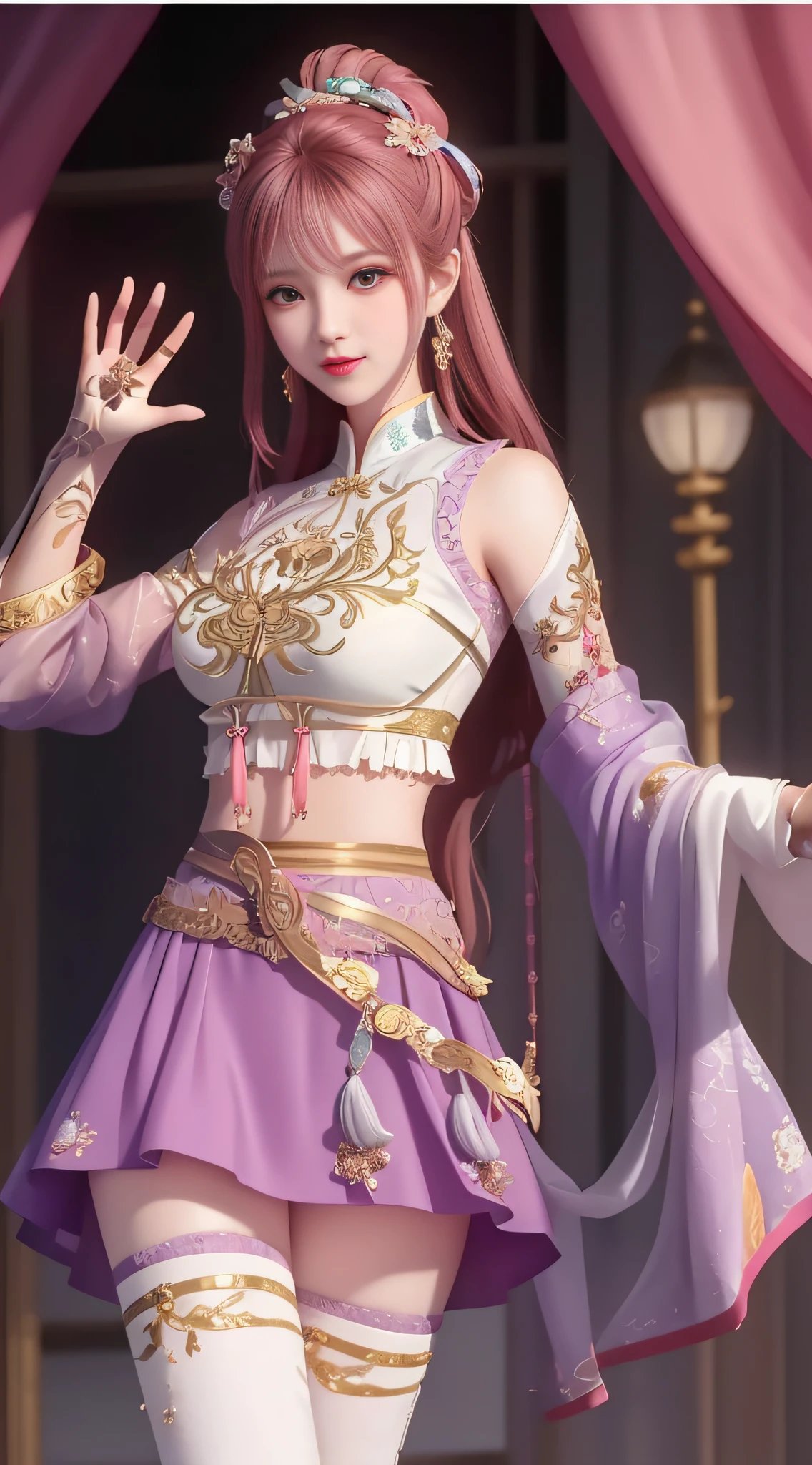 The art depicts a charming woman dressed in a flowing, silky traditional oriental dress, pink, decorated with intricate patterns and bright colors. Her dress drapes elegantly over her curvy figure, accentuating her seductive silhouette. She stood gracefully in the quiet moonlit night, bathed in the soft glow of the moonlight. The scene exudes an ethereal and dreamy atmosphere, with a touch of mystery and sexiness. The graphic style blends watercolor and digital illustration techniques to evoke a refined beauty and charm. The lights are filled with soft moonlight, casting soft highlights and shadows on her charming features. Bare thighs, big breasts