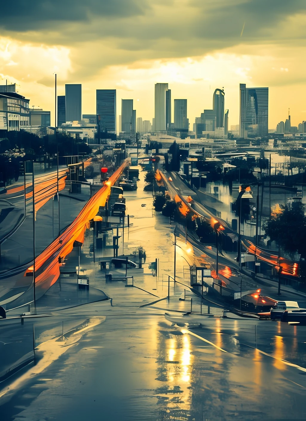 Big city with rain