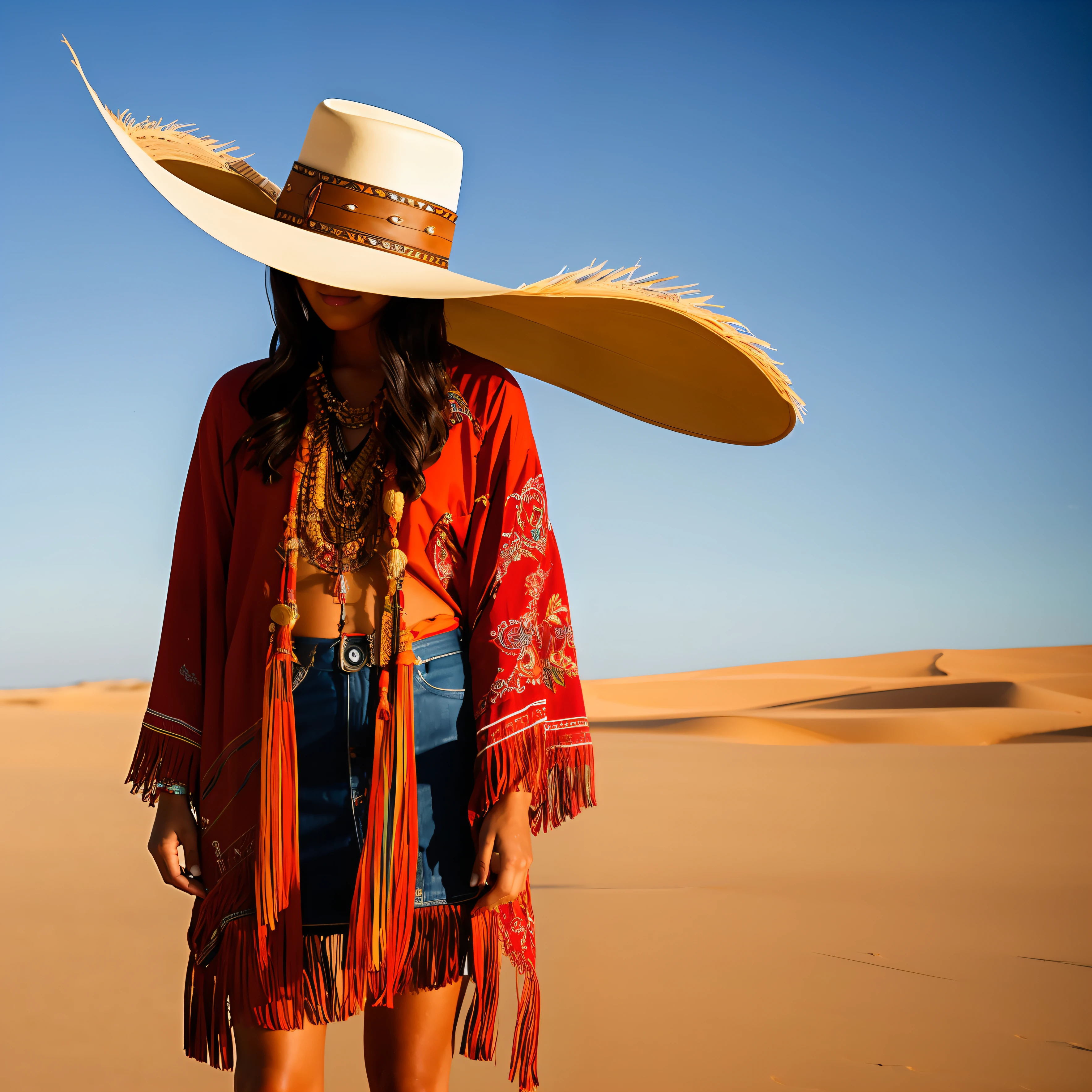 1girl A Japanese-Mexican girl with cowboy vibes, wearing Indian clothes, standing in a vast desert landscape. The girl has a wide-brimmed cowboy hat, a fringed leather jacket, and cowboy boots, combined with elements of traditional Japanese and Mexican clothing. The environment features sand dunes, cacti, and tumbleweeds, creating a fusion of Western and Japanese-Mexican cultures. The scene's mood is adventurous and mysterious, with the girl exuding confidence and independence. The atmosphere is tinged with warm, golden hues of a setting sun. The style for this image is a realistic photograph, captured with a wide-angle lens (24mm) to emphasize the expansive desert landscape and the girl's captivating presence --auto