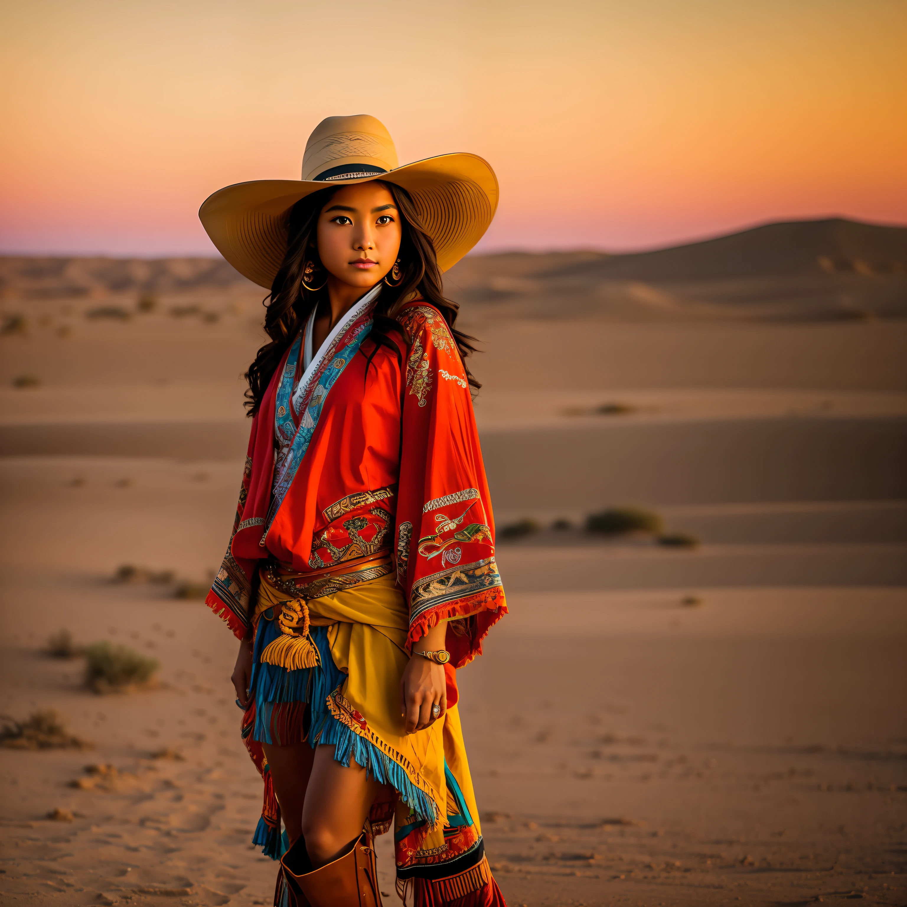 1girl A Japanese-Mexican girl with cowboy vibes, wearing Indian clothes, standing in a vast desert landscape. The girl has a wide-brimmed cowboy hat, a fringed leather jacket, and cowboy boots, combined with elements of traditional Japanese and Mexican clothing. The environment features sand dunes, cacti, and tumbleweeds, creating a fusion of Western and Japanese-Mexican cultures. The scene's mood is adventurous and mysterious, with the girl exuding confidence and independence. The atmosphere is tinged with warm, golden hues of a setting sun. The style for this image is a realistic photograph, captured with a wide-angle lens (24mm) to emphasize the expansive desert landscape and the girl's captivating presence --auto
