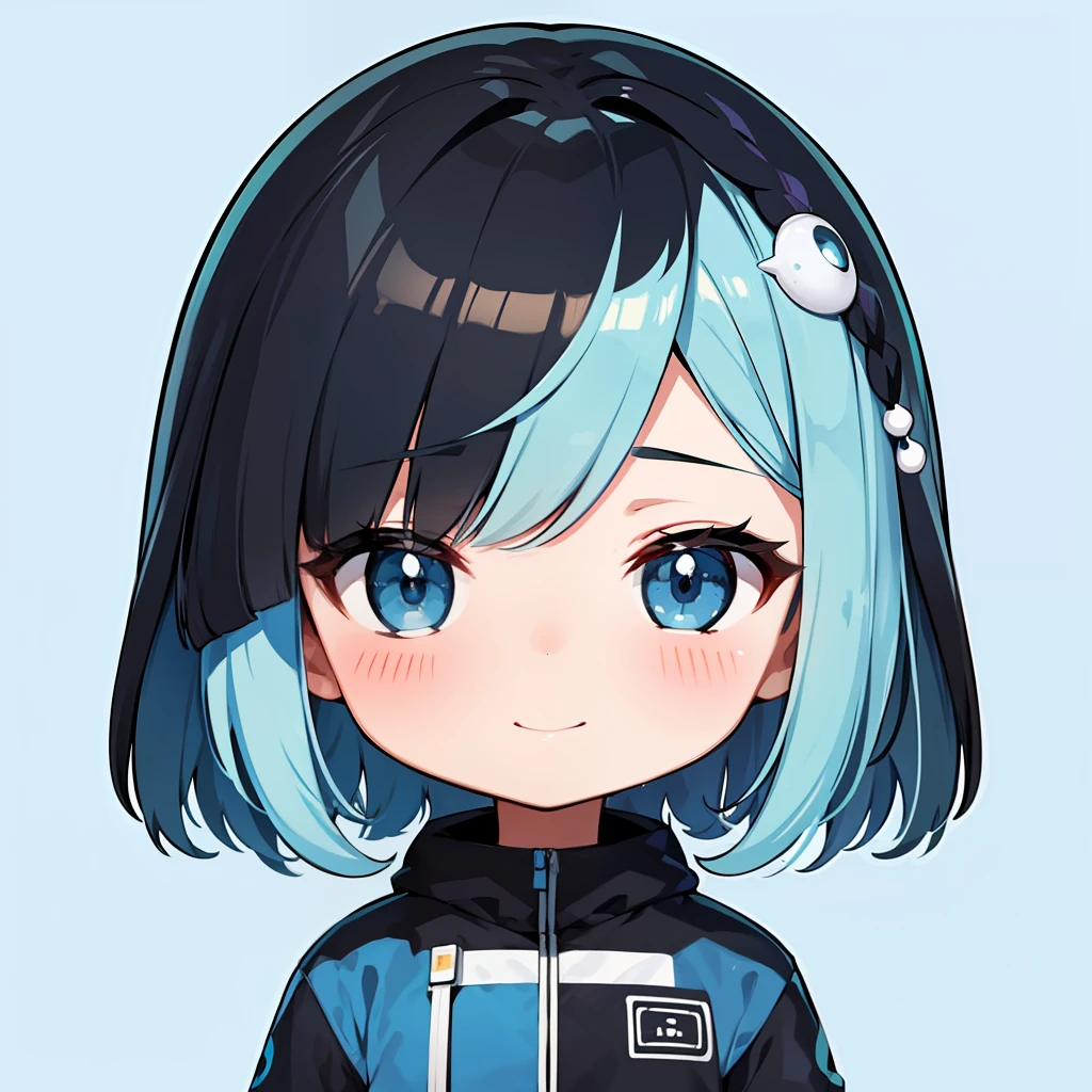 超A high resolution, nffsw, Best aesthetic, Best Quality, masutepiece, Flat Avatar, Perfect litthing、(colourfull、vivd colour: 1.4)、Running,Has black and light blue hair,　is shy, A smile, hair adornments, Chibi, Light blue jacket、simple background, 耳环, jewely, side locks, large oval eyes,Flat Avatar,  simple background,