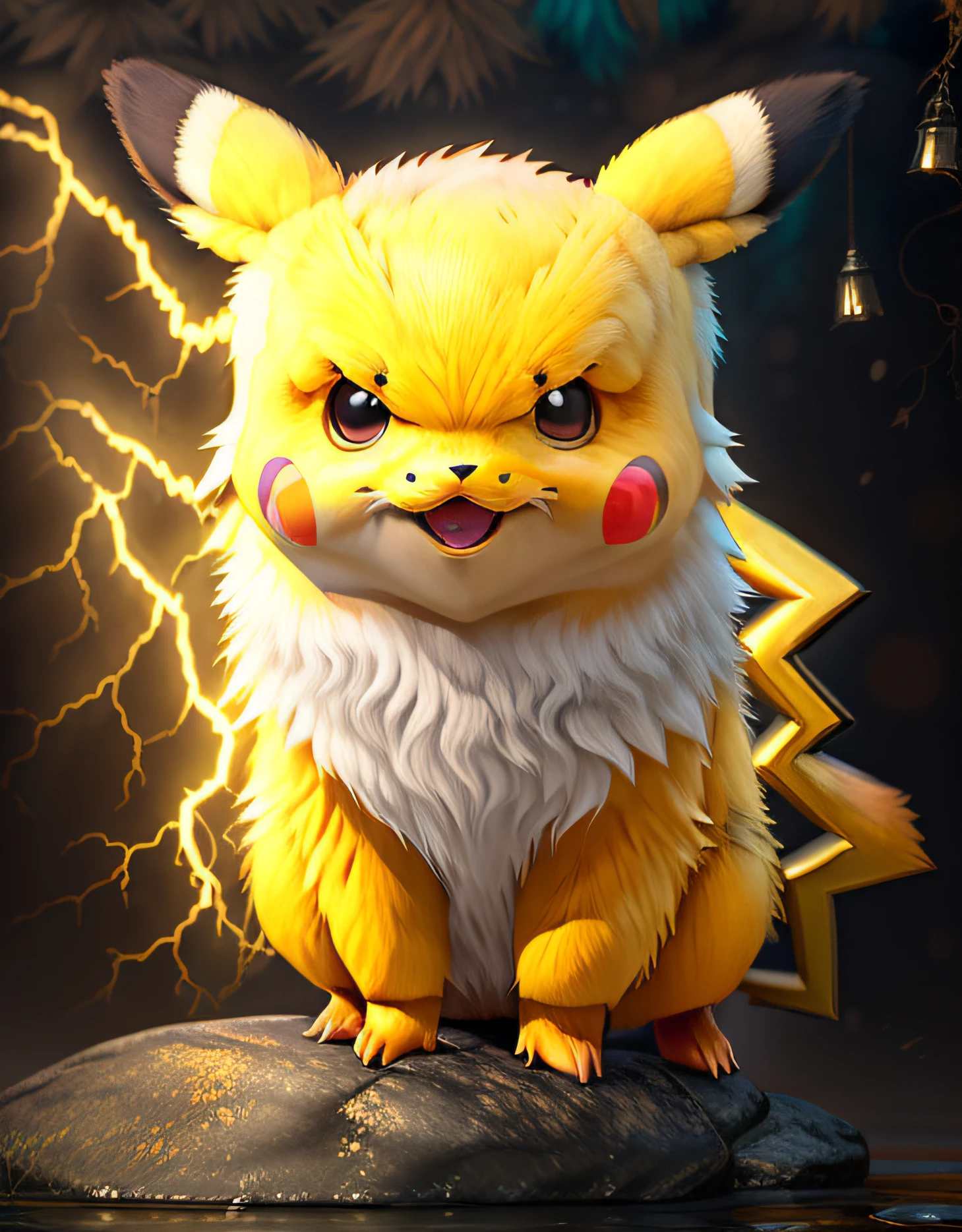 Foto da obra de arte mais bonita do mundo apresentando (FUR:1.2), Happy Pokémon with lightning coming from cheeks, Full-body 8K drive rendering, action shot, poros da pele,
Uplighting, sombras pesadas, rosto detalhado e detalhado, (vibrante,
foto realista, realista, dramatic, escura, foco nítido, 8k),
(intrincado:1.4), decadente, (altamente detalhado:1.4), digital
pintura, octanagem render, ((fundo da floresta:1.2))